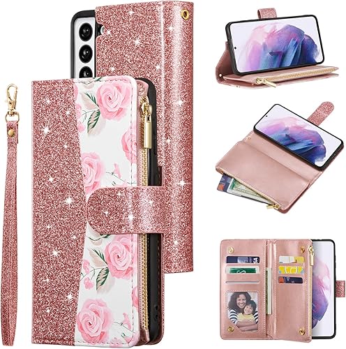 UEEBAI Funda tipo cartera para Samsung Galaxy S21 5G, funda de piel sintética con cierre magnético, bolsillo con cremallera, ranuras para tarjetas