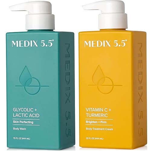 MEDIX 5.5 Limpiador exfoliante AHA de ácido glicólico para rostro y cuerpo + crema hidratante de vitamina C para el cuidado de la piel, juego de 2