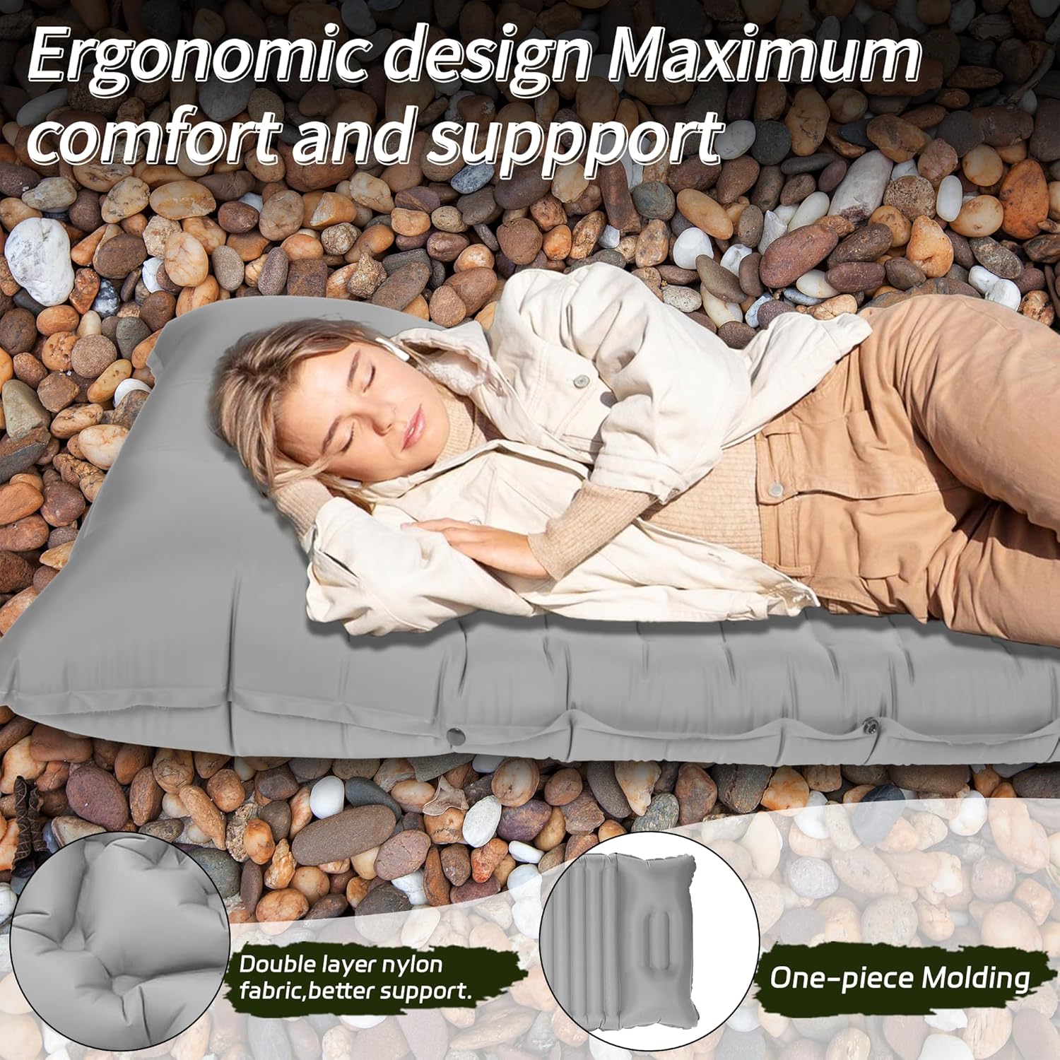 40D Self-Inflating Camping Pad, Insulated Ultralight Sleeping Mat for Backpacking, Winter Camping, 2-Layer Anti-Leak Design w/Built-in Pillow, Foot Pump Foldable Pad, Grey