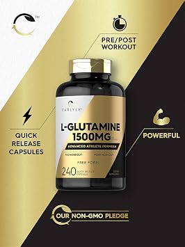 Carlyle L Glutamine Capsules | 1500mg | 240 Count | Advanced Athlete Formula | Pre and Post Workout | Non-GMO, Gluten Free Supplement