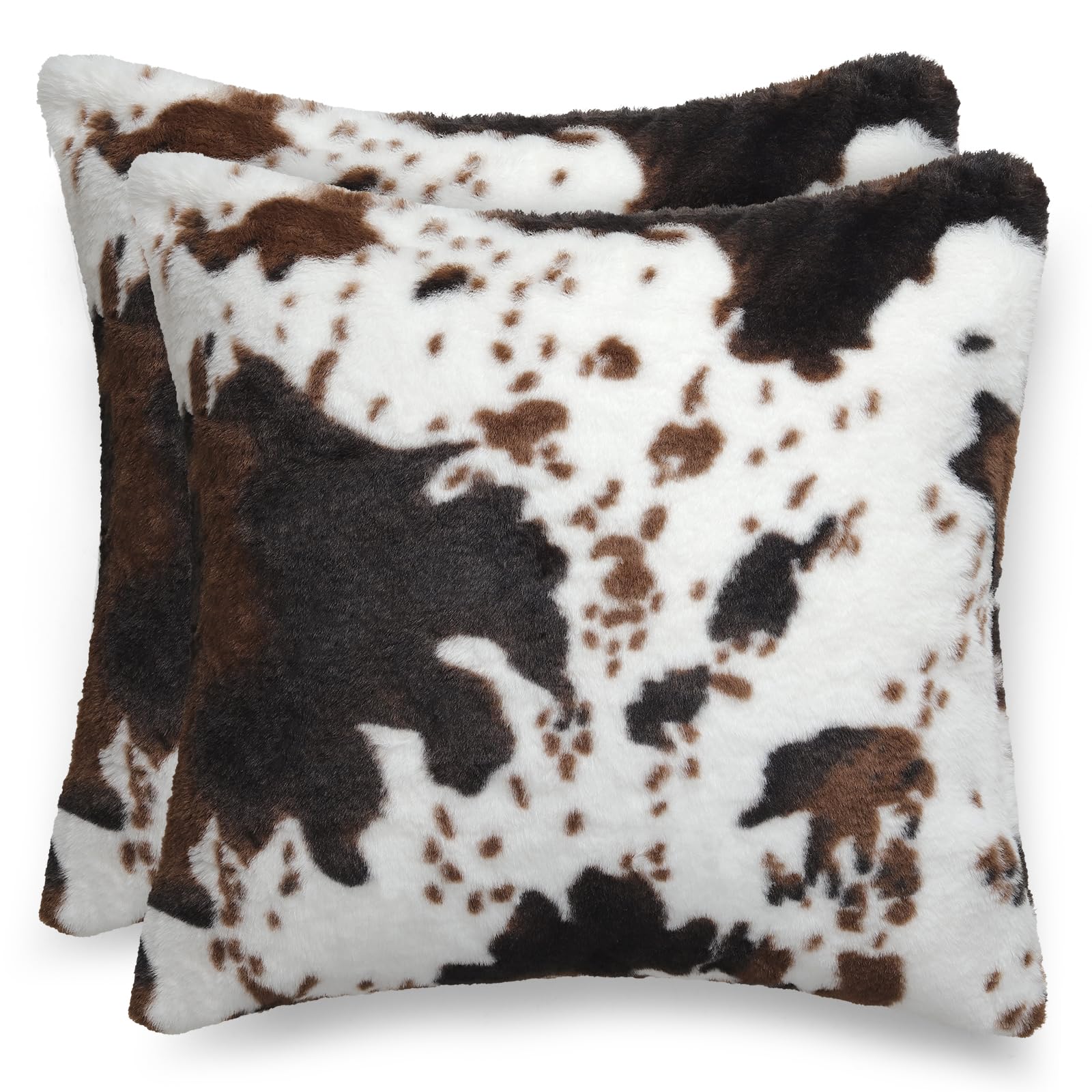 Hopomoon Flauschiger Kissenbezug Kuhflecken 45x45 cm 2er Set Weicher Zierkissenbezug im Kuhfell-Design Dekorative Sofakissen Hülle Braun-Weiß