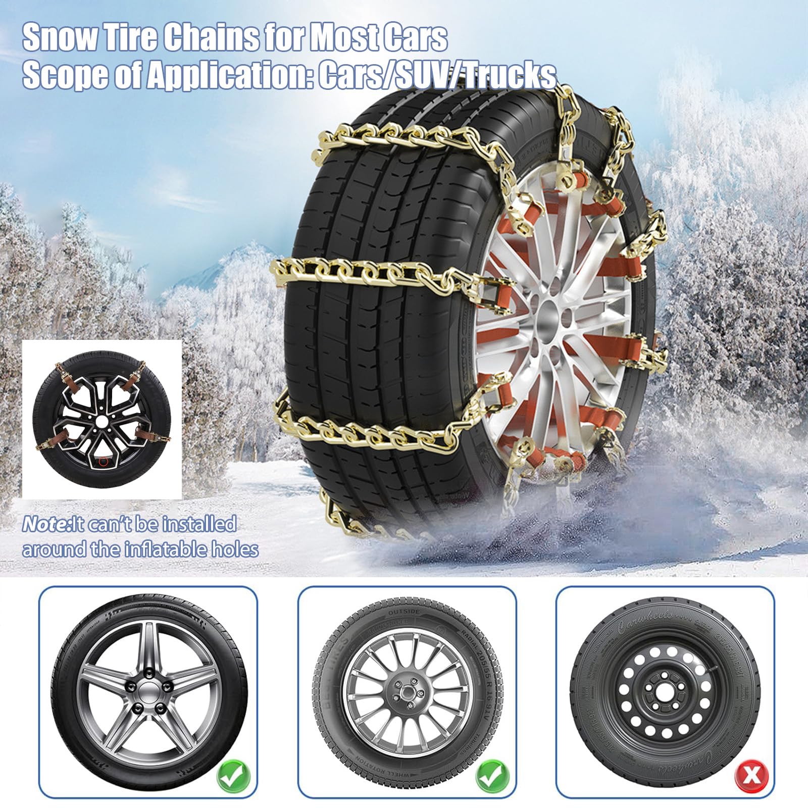 8 piezas de cadenas de nieve de emergencia universales para ancho de neumático de 175-285 mm, antideslizantes, para la mayoría de coches, SUV y camiones