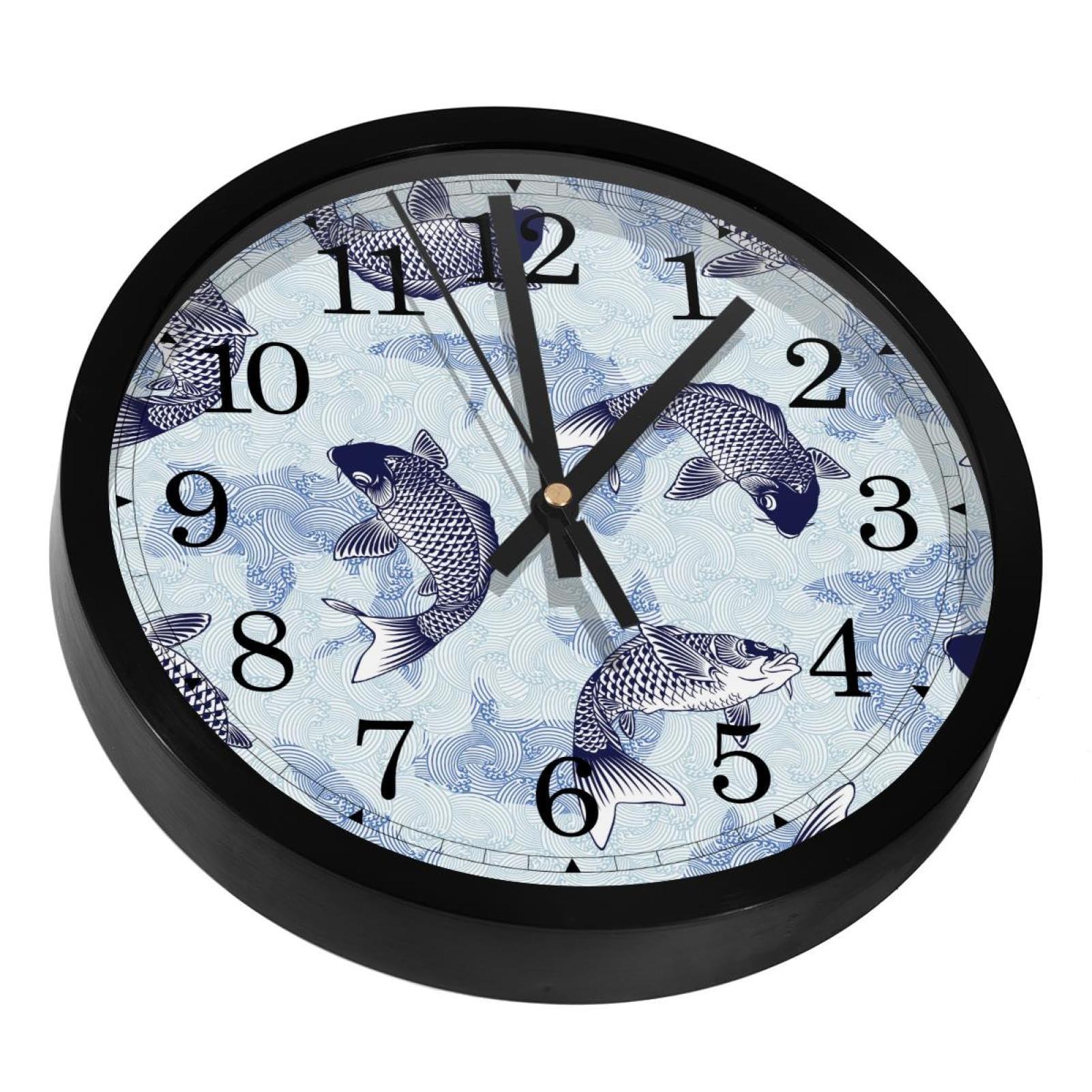 Horloge murale silencieuse carpe japonaise et vague bleue pour salon
