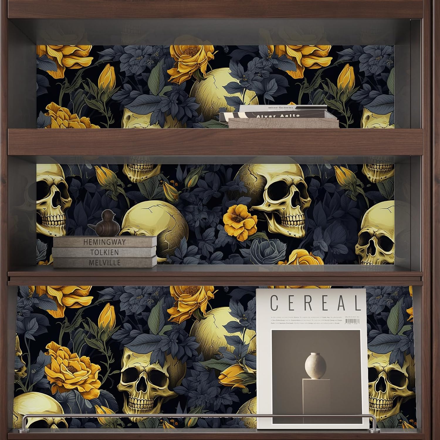VEELIKE Vintage Skull Wallpaper Stick and Peel Dark Floral Wallpaper for Bedroom Bathroom Accent Walls 17.7''x118'' Gothic Wall Paper Peel and Stick Removable Floral Contact Paper for Cabinets Shelves