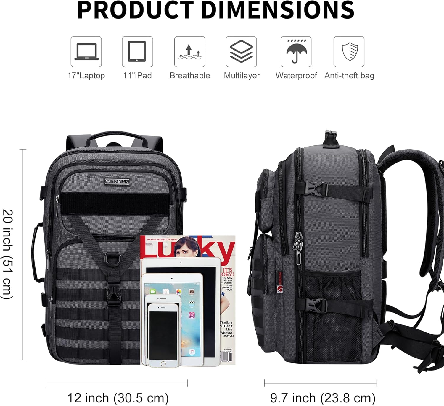 WITZMAN Carry On Travel Backpack for Men Large Convertible 45L Fit 17 Inch Laptop Backpack 3 in 1 Bag for Airline Approved(B688 Silvery Grey)