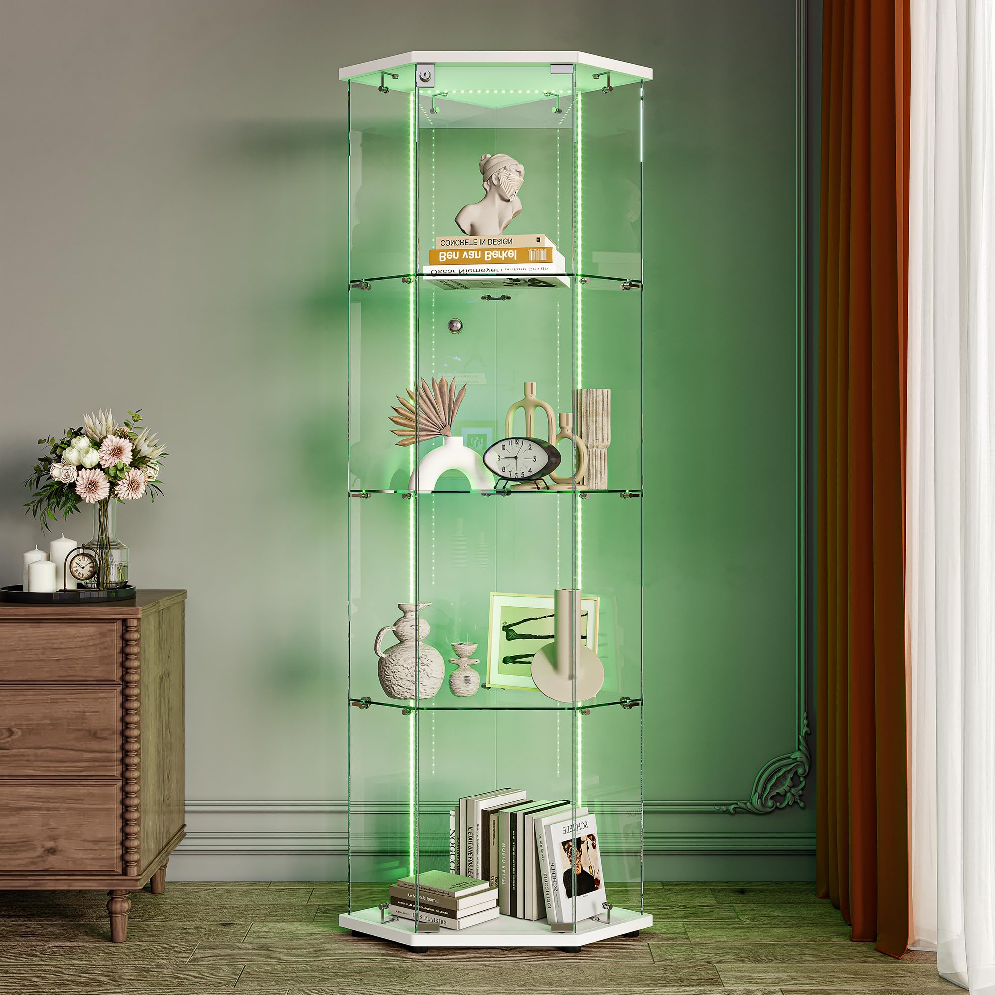 Vetrina angolare in vetro, vetrina su base in vetro LED, 4 ripiani 1 anta con porta, mobile vetrina in vetro con porta e serratura armadio vetrine a cinque angoli 162 x 60 x 35 cm (1 porta 4 strati