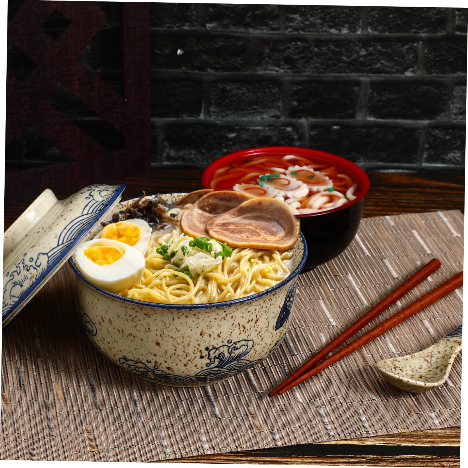 GLEAVI Keramik Ramen Schüssel Satz mit Deckel 1 Löffel und Stäbchen Wärmespeichernd Formstabil für Suppe und Nudeln