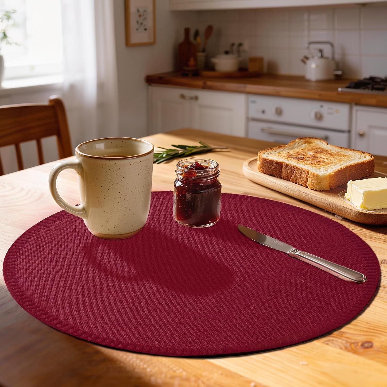 Round Placemats Set of 8 - Machine Washable Linen-Like Cloth Place Mats & Heat-Resistant for Dining Table - Ideal for Family Meals, Daily Use, and Holiday Gatherings (Burgundy)