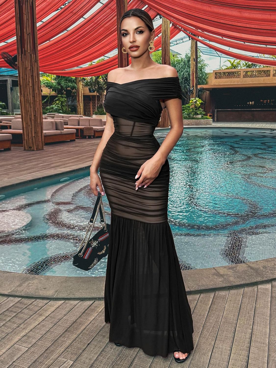 Women’s Convertible Off The Shoulder Maxi Dress Built-in Bra Bodycon Ruched Mesh Formal Evening Dresses for Women - Image 2