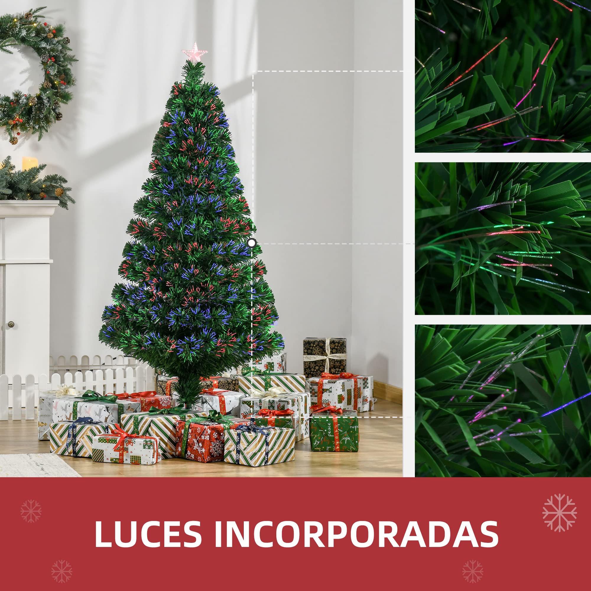 HOMCOM Árbol de Navidad 150cm con Soporte Fibra Óptica LED Multicolor