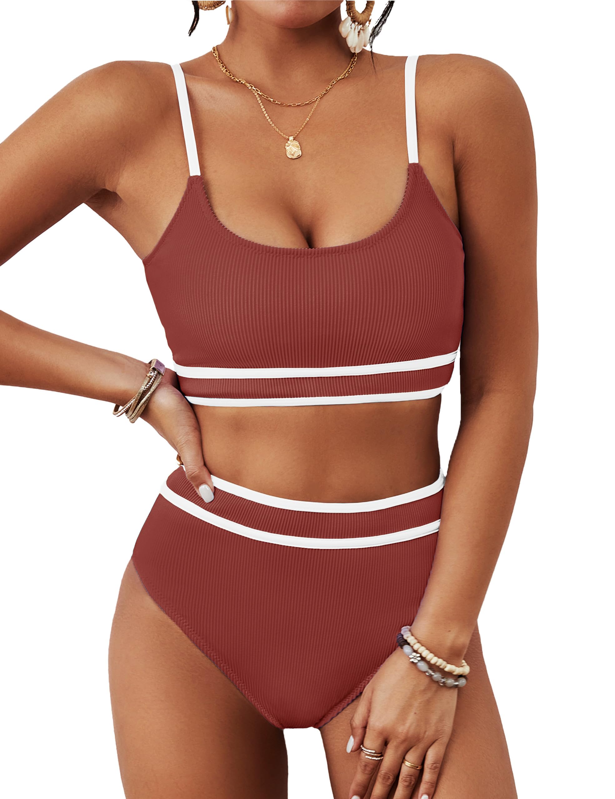 BMJL Women's High Waisted Bikini Ribbed Color Block
