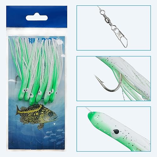 Miniatura 5 de Juego de aparejos de cebo de pesca de agua salada, 6 paquetes de aparejos de pesca de surf con falda de calamar suave brillante, gancho de pesca