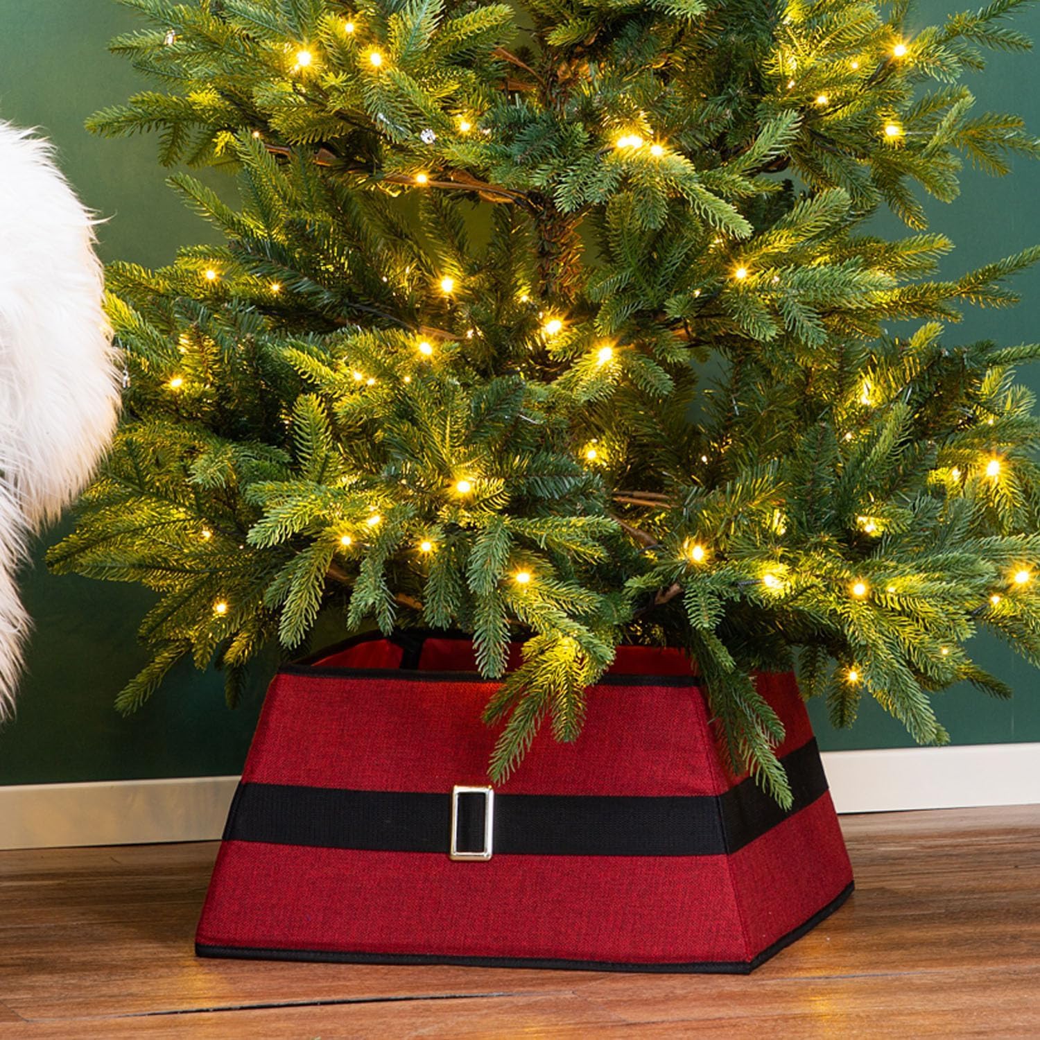 Xmas Christmas Tree Rattan Wicker Skirt | Stand Base Basket Cover | Decorative Holiday Tidy Decor | Stylish Christmas Tree Base Cover for Home Festive Charm (Red & Black Belt)