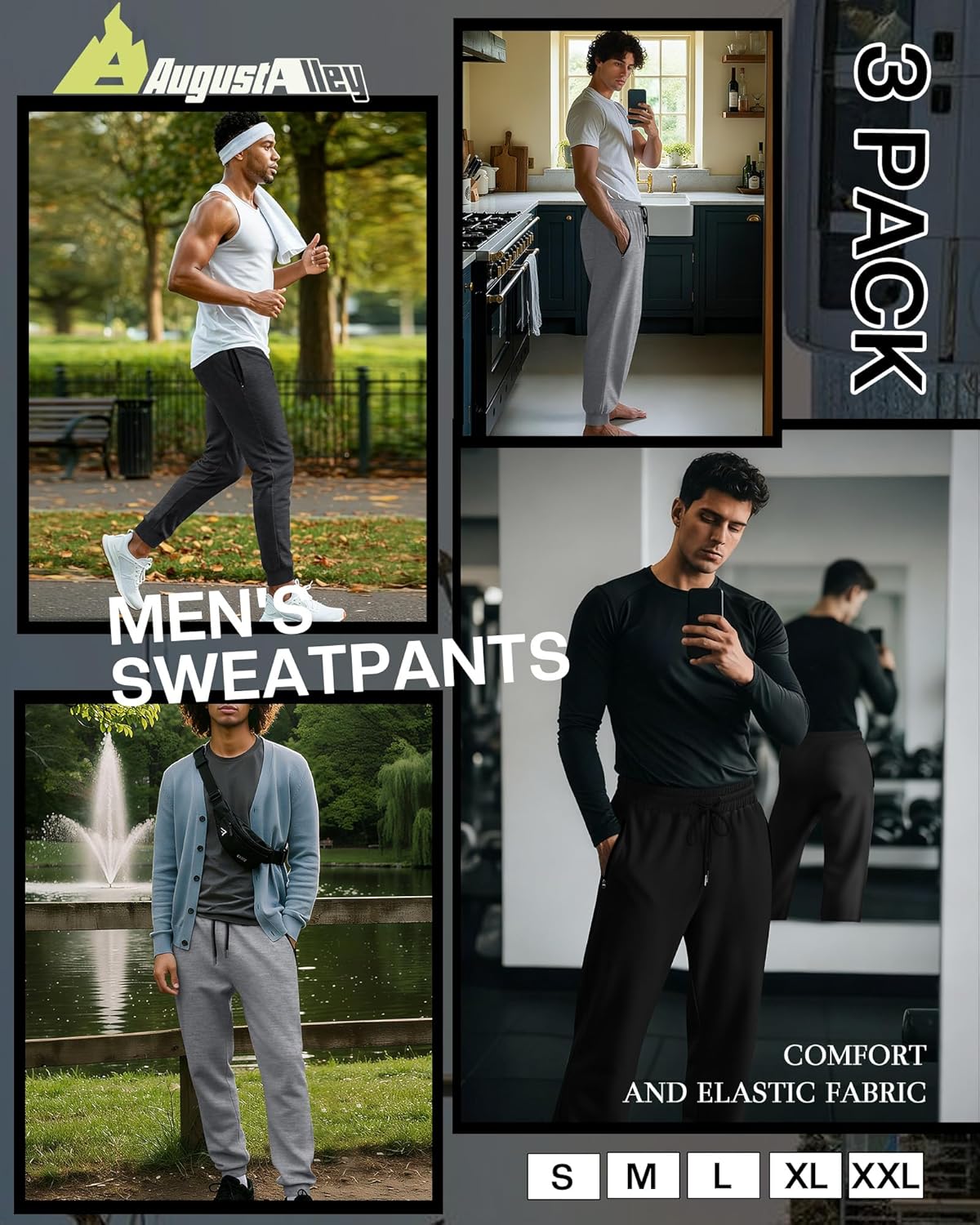 3 Pack Men's Joggers Zipper Sweatpants, Athletic Loose Fit Pants Drawstring for Gym Running Soccer with Pockets - Image 4