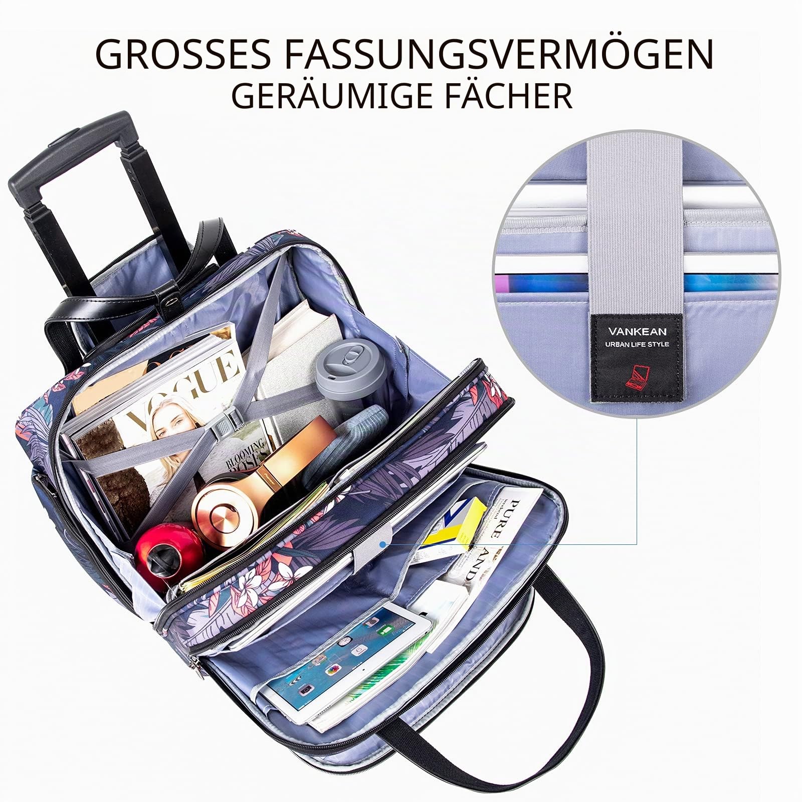 VANKEAN Laptoptasche mit Rollen, für Damen und Herren, Roll-Aktentasche für Laptops bis zu 39,6 cm (15,6 Zoll)