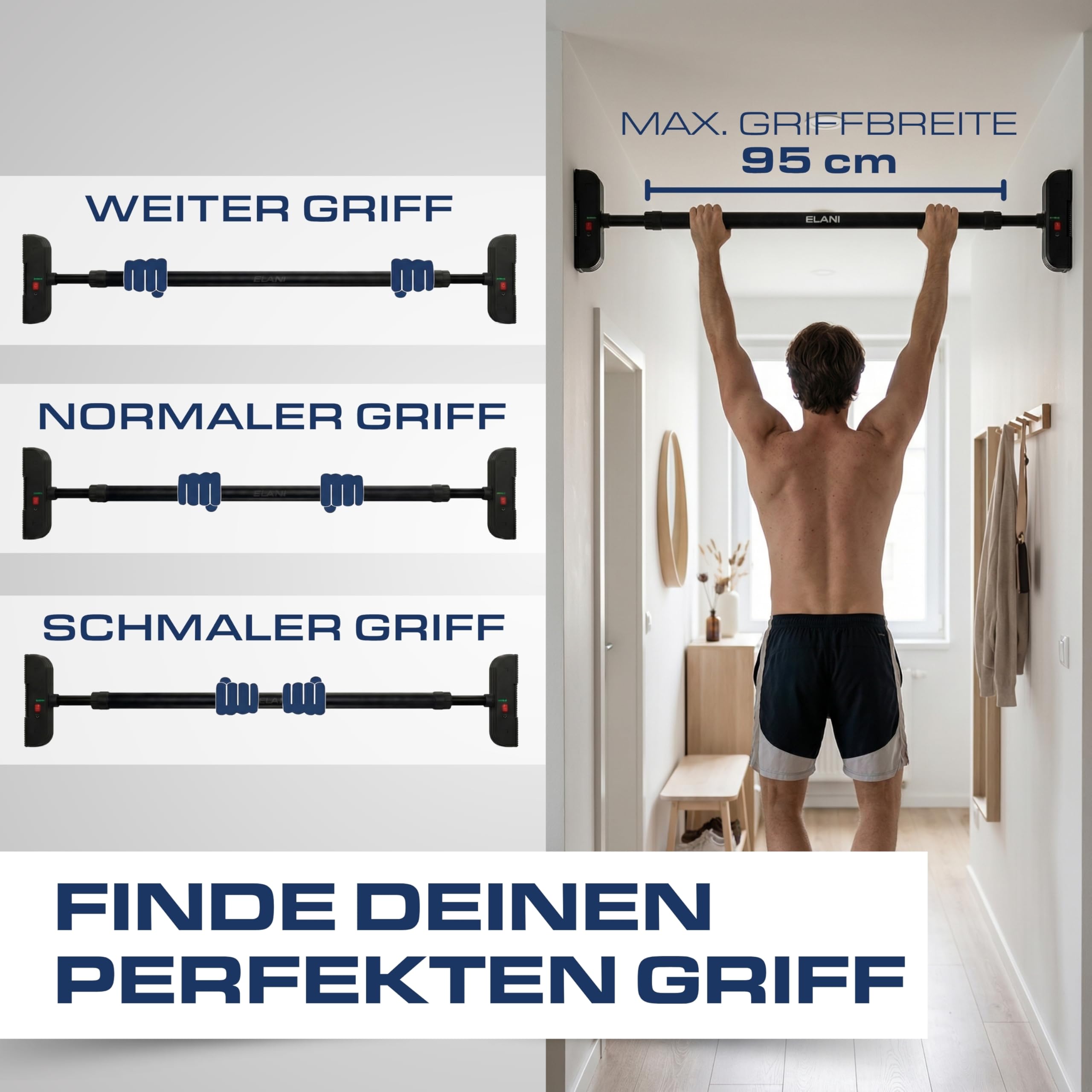 ELANI – Klimmzugstange Wandmontage 115–140 cm | Ohne Bohren | Mit Wasserwaage & sicherem Halt | Pull Up Bar für Flur, Decke & Indoor | Reckstange für Klimmzüge und Training zuhause