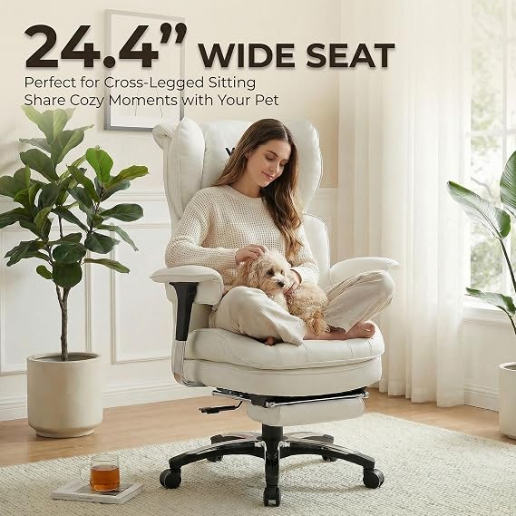 Efomao Big and Tall Office Chair 400lbs Capacity, 24.4 Extra Wide Seat Heavy Duty White Desk Chair with Footrest, Oversized Executive Computer Chair with Adjustable Armrests for Home Office