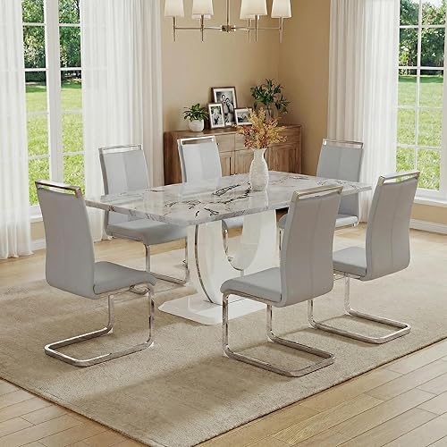 Miniatura 19 de Juego de mesa de comedor para 6, juego de sillas de cocina de 6, juego de comedor moderno con mesa de 63' de mármol y sillas tapizadas de PU para la