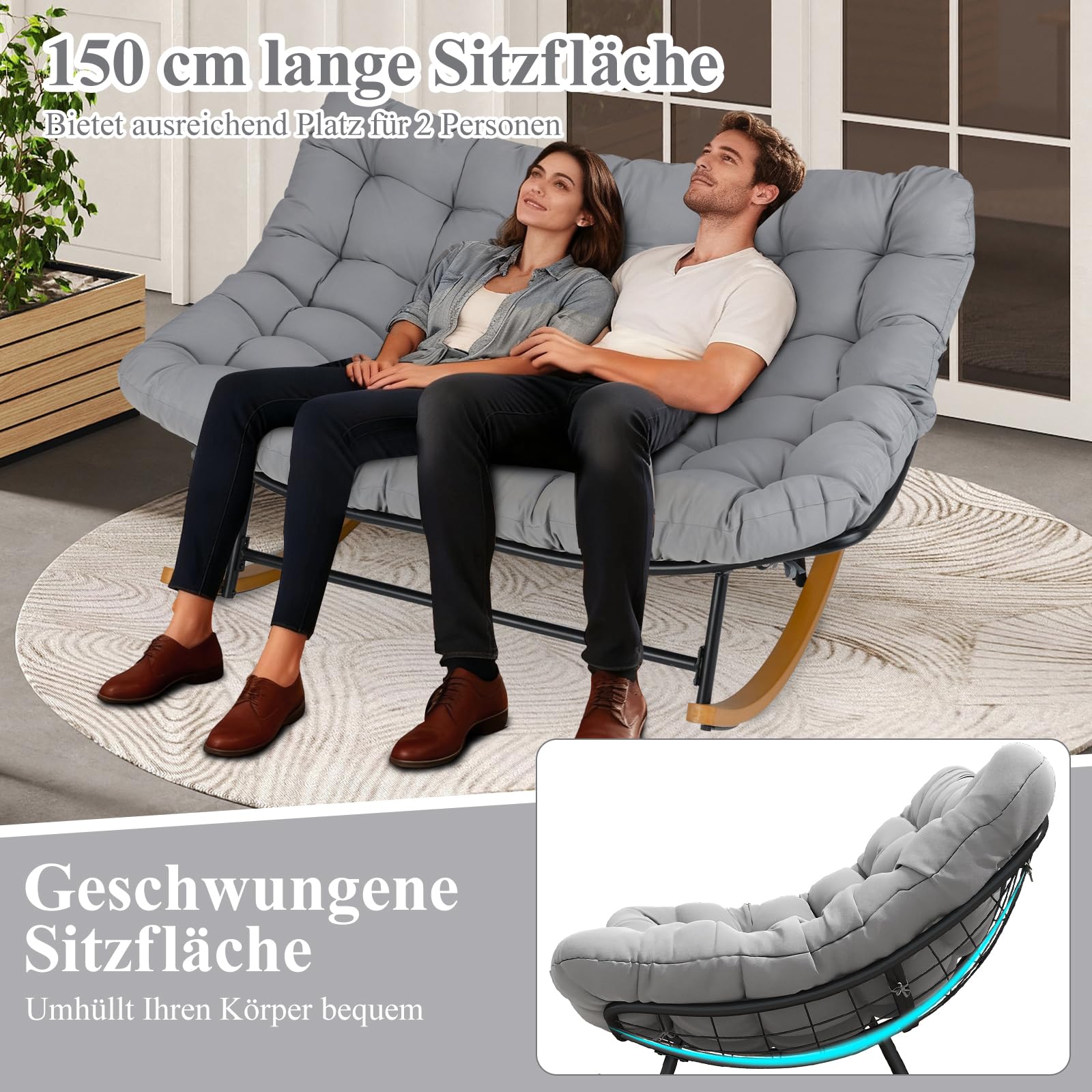 COSTWAY Schaukelstuhl 2 Personen Outdoor, Schaukelsessel mit dickem Kissen | XXL Relaxsessel bis 320 kg belastbar, für Balkon, Garten und Wohnzimmer, Hellgrau