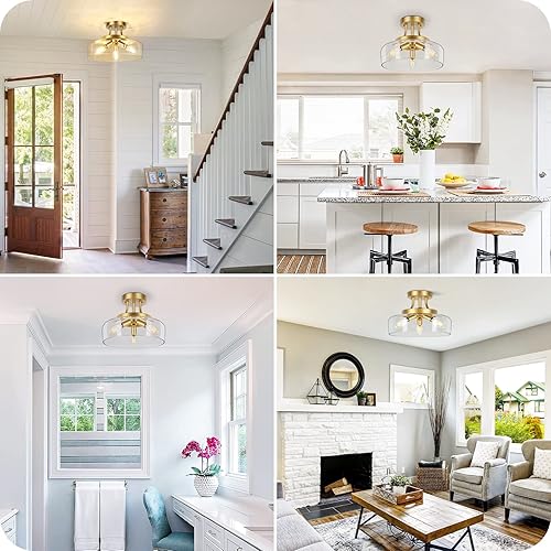 Miniatura 7 de TOBUSA Lámpara de techo semiempotrada de 3 luces doradas, moderna lámpara de techo con pantalla de cristal de tambor, lámpara de techo dorada para