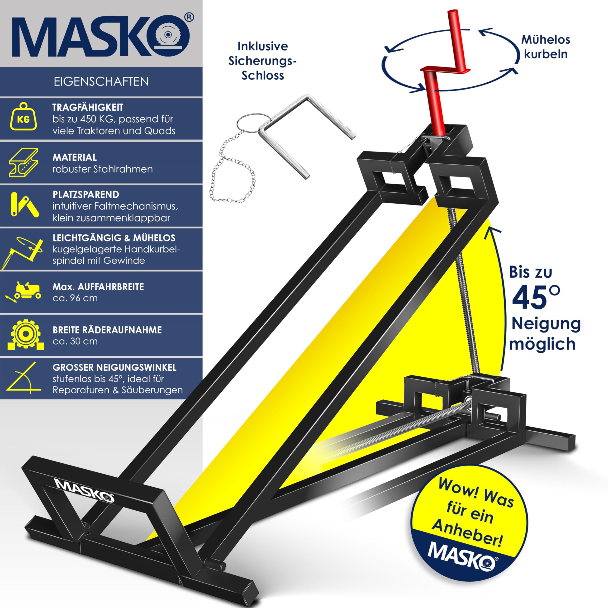 MASKO® XXL Rasentraktorheber 450 kg Hebevorrichtung Hebebühne Aufsitzmäher – Rasentraktor Heber, 45° verstellbar, universal Reinigungshilfe mit Zubehör, Schwarz