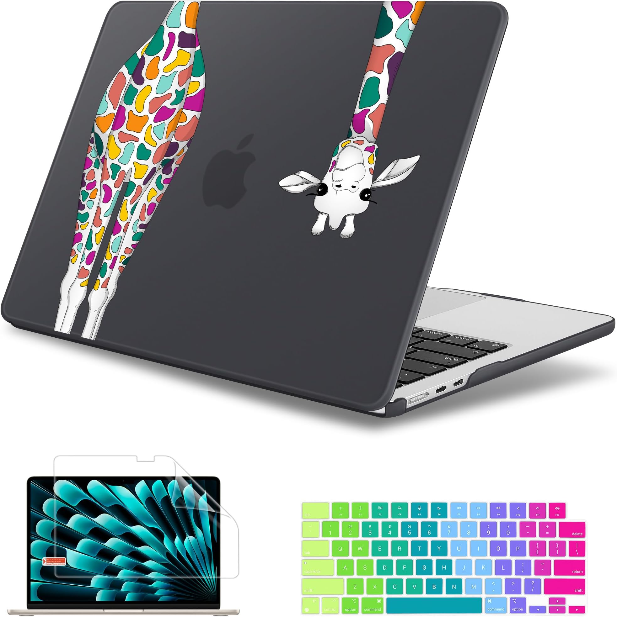 for MacBook Air 13.6 Inch Case 2025 2024 2023 2022 Release Models: A3240 M4 A3113 M3 A2681 M2, Plastic Hard Shell Case for MacBook Air 13.6" with Retina Display, Black Colorful Giraffe