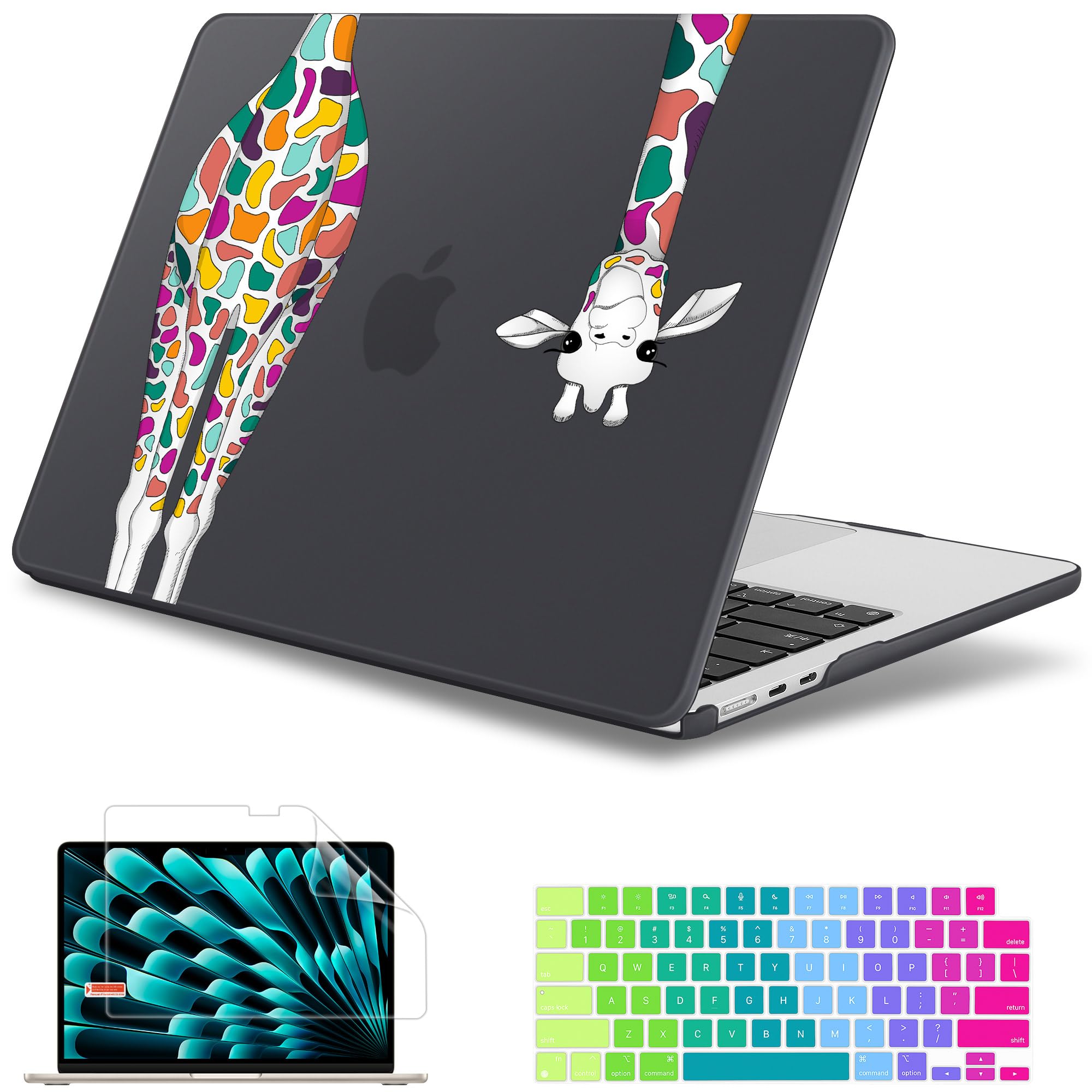 May Chen for MacBook Air 13.6 Inch Case 2025 2024 2023 2022 Release Models: A3240 M4 A3113 M3 A2681 M2, Plastic Hard Shell Case for MacBook Air 13.6" with Retina Display, Black Colorful Giraffe