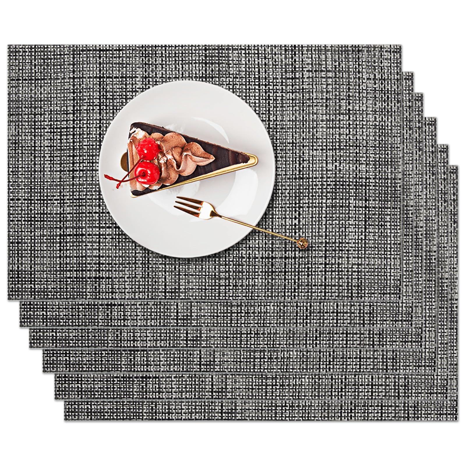 marysgift Placemats Set of 6 Vinyl/Plastic Woven Place Mats for Kitchen Table Indoor/Outdoor Washable Placemat Wipeable Dining Table Mats, 9146-Black Gray