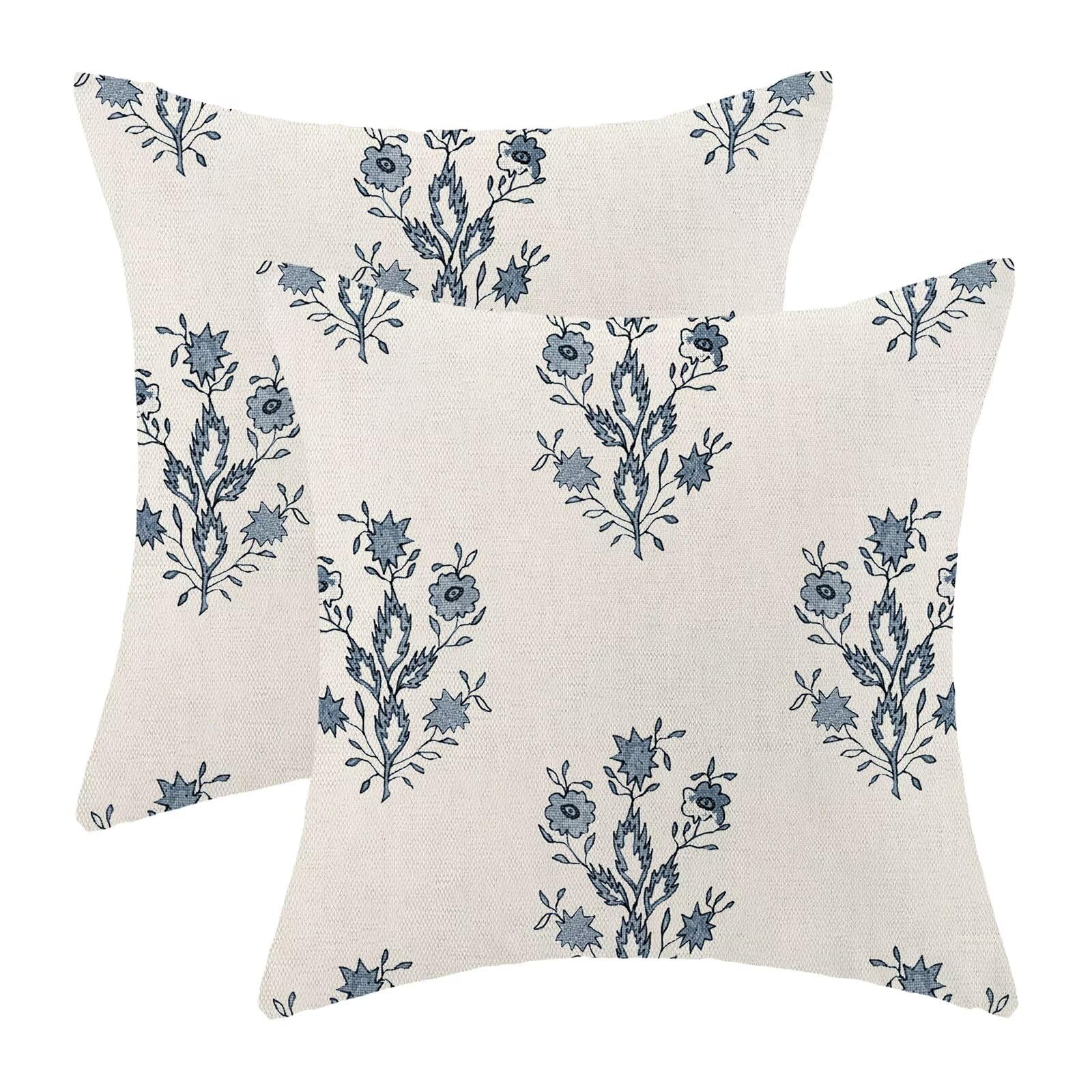 ZHOUYETAK Blue Floral Pillow Covers 18x18 Inch Set of 2, Blockprint Flower Outdoor Decorative Wildflower Throw Pillows Neutral Floral Couch Cushion