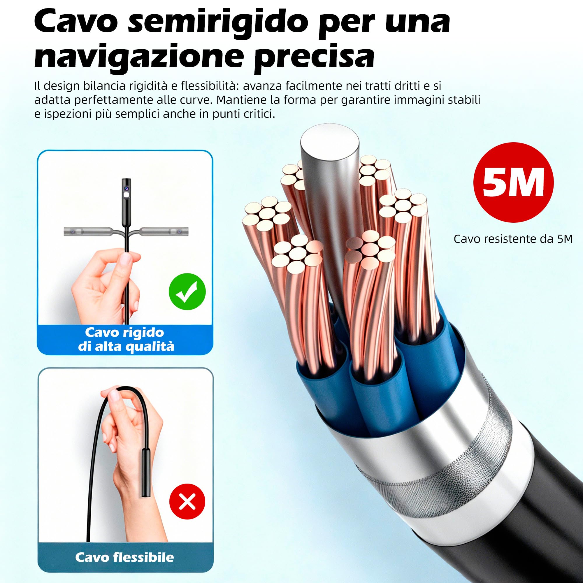 Telecamera endoscopica con luce, IP67, impermeabile endoscopio, 5", schermo IPS, telecamera di ispezione da 2 MP, fotocamera tubolare HD con 9 LED regolabili, cavo semirigido da 5M