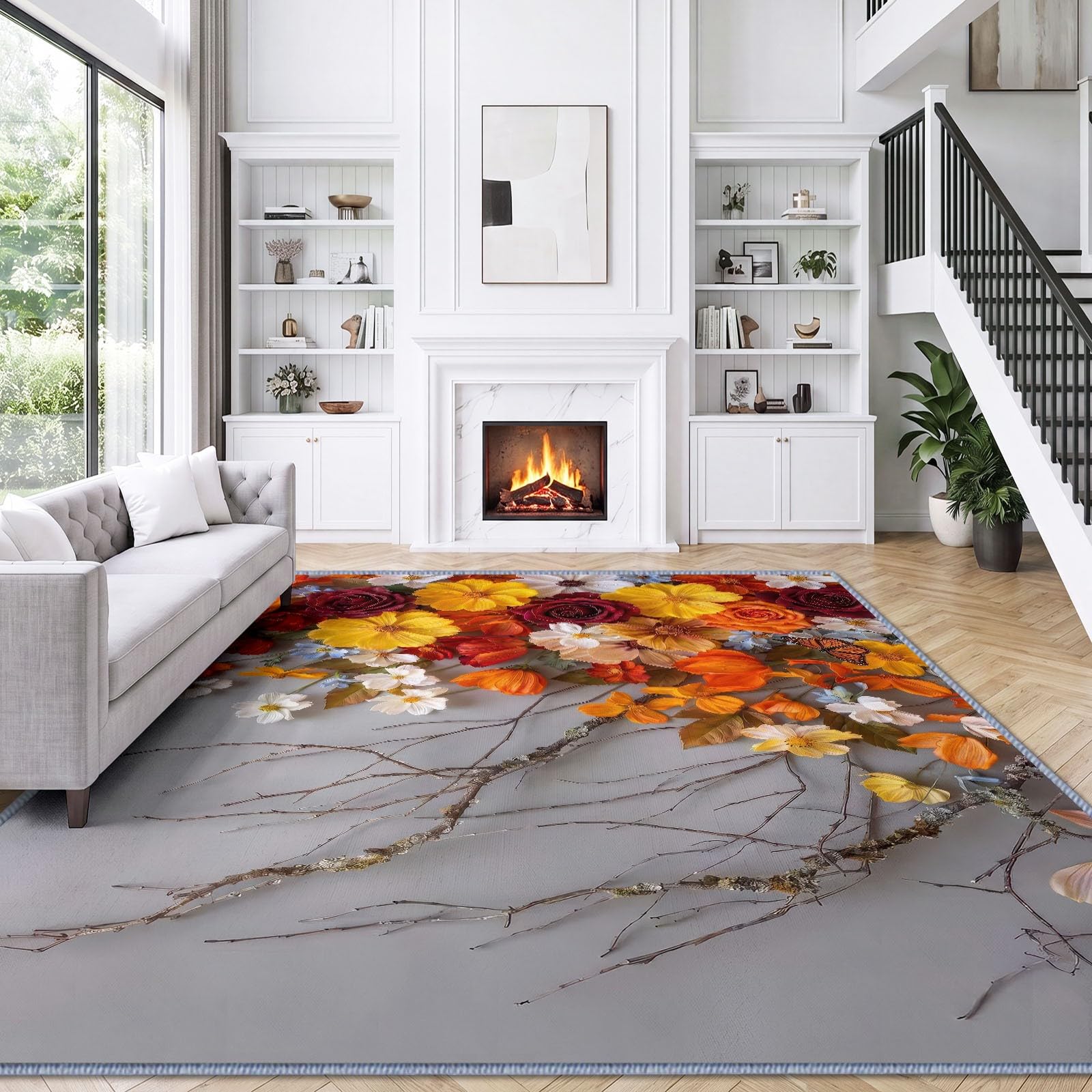 Generisch Alfombra con diseño de margaritas y tulipanes, lavable a máquina, para salón, 80 x 150 cm, diseño floral, suave pelo corto, parte trasera antideslizante, fácil de limpiar, para dormitorio y
