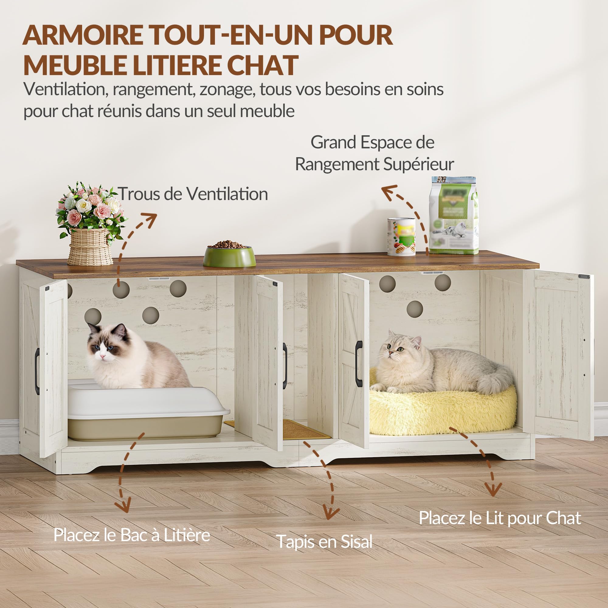Meuble Litiere pour 2 Chats, 140 x 50 x 55 cm, Marron et Blanc | Meuble Cache Litiere Chat, Maison de Toilette Chats en Bois avec Tapis à Griffer, Maison pour Chat D'intérieur FPCB103PWR1