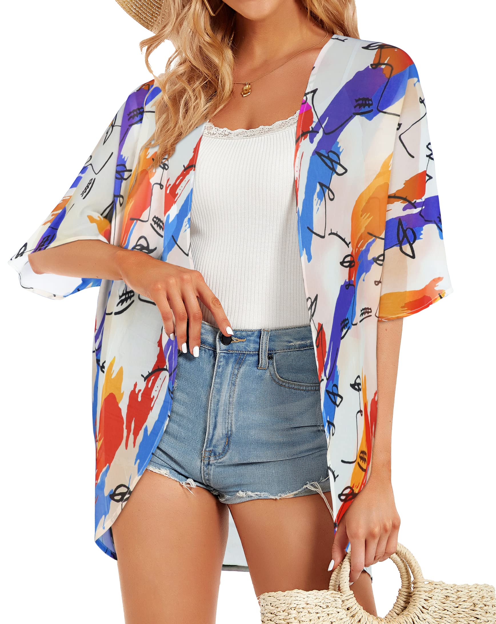 Damskie kimono, plażowe, szyfon, kardigan, kwiaty, topy, luźne peleryny, Kolorowe kolory., S