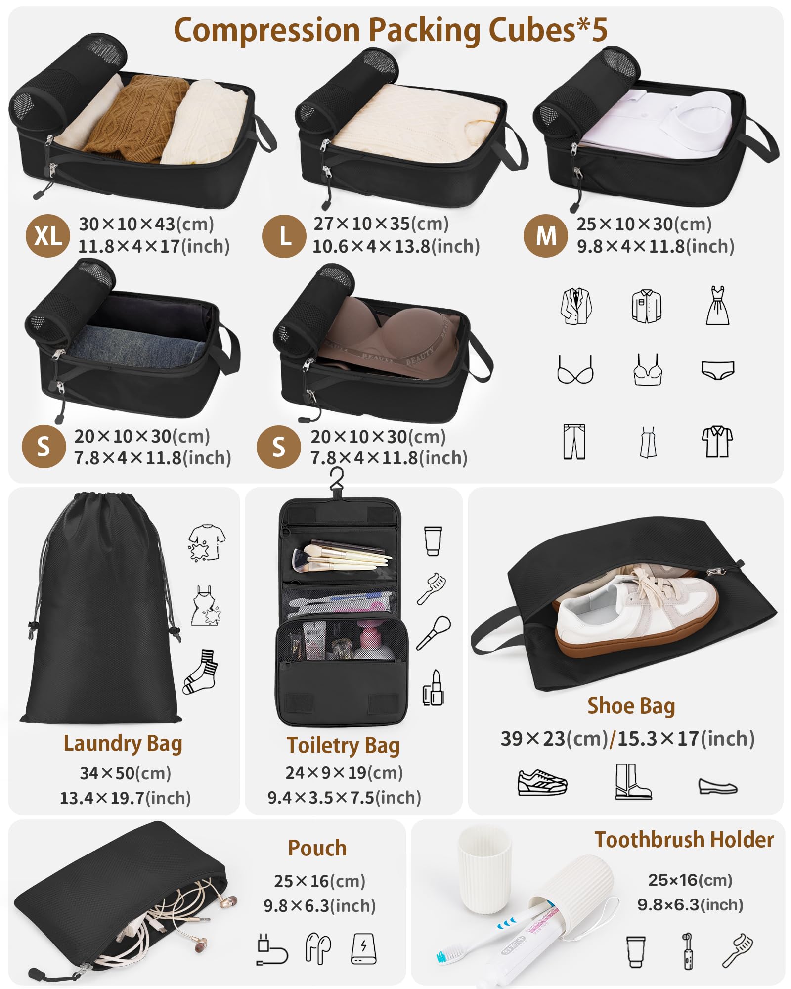Anjing Lot de 10 cubes de rangement de compression, organiseurs de bagages, sacs de rangement extensibles pour valises, cubes de rangement de voyage pour essentiels de voyage, noir