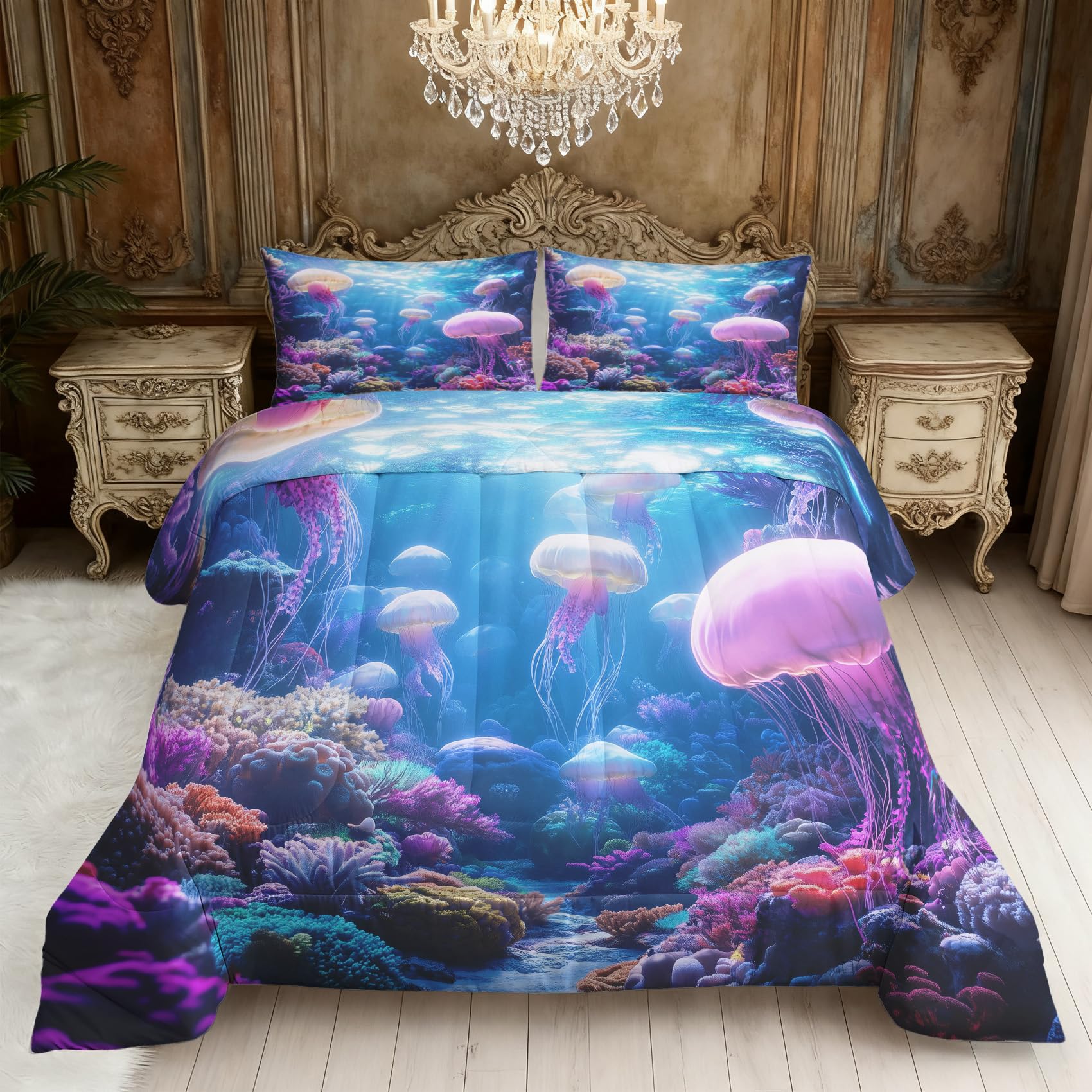 Jellyfish Coverless Duvet King Size, Dreamy Undersea World Ocean Animal Reversible Comforter Set 3 Pcs, 2 Pillowcases, Bedroom Decor, 10.5 Tog Soft Lightweight Warm All Seasons BZ-L1122