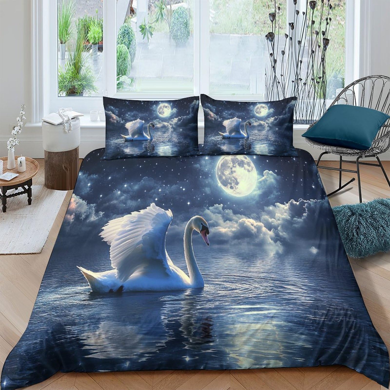 Chiaro di luna del cigno Impressione 3D 3 pz fodera per edredone Scena di fantasia notturna coperteletto microfibra morbida traspirante per ragazzi bambini adulti Super king（260x220cm）