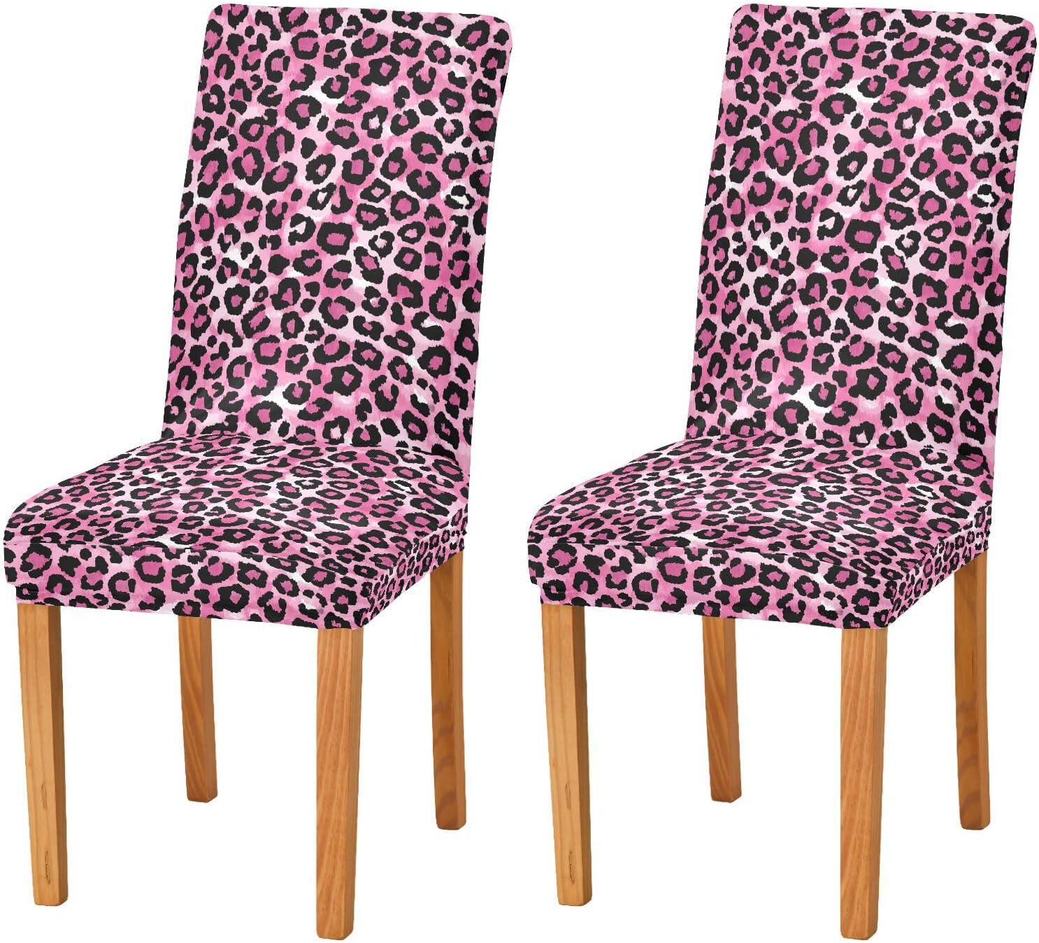 ALAZA Chair Covers for Dining Room, Pink Animal Leopard Cheetah Print Stretch Chair Cover Sets Chair Protector Removable Washable for Ktichen Restaurant Hotel