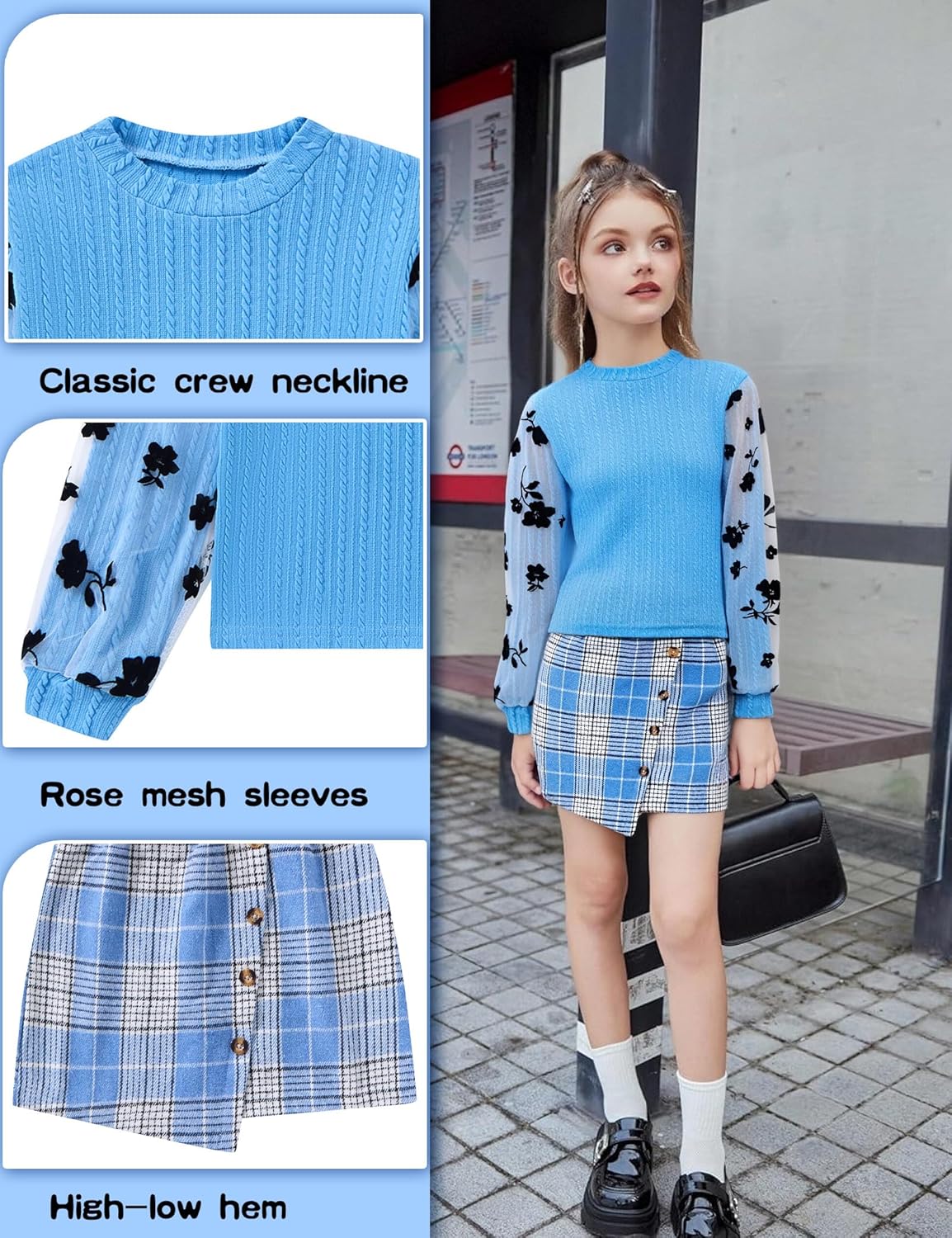 Girl Clothes Girls Outfits Flare-lace Sleeve Top and Plaid Skirt Dress Fall Winter 2Pcs Girls Clothes 6-14T - Image 7