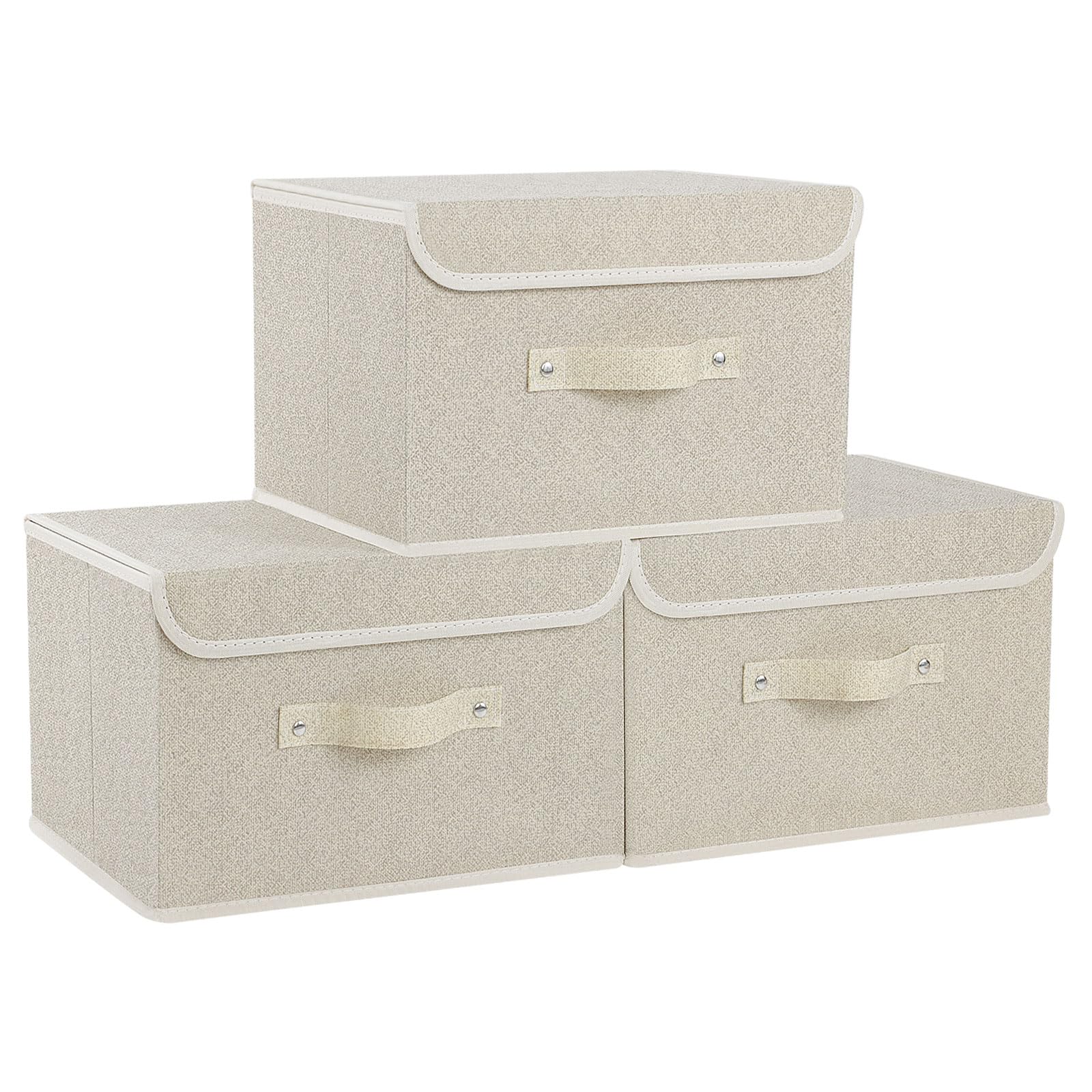 ENUMAIL 3 Stück Aufbewahrungsbox aus Stoff, Schubladen Organizer Box, Faltbarer Ordnungsboxen, Boxen aus Vliesstoff mit Griff, für Würfelregal, Kleideraufbewahrung, 33×23×20 cm, Grau und Beige