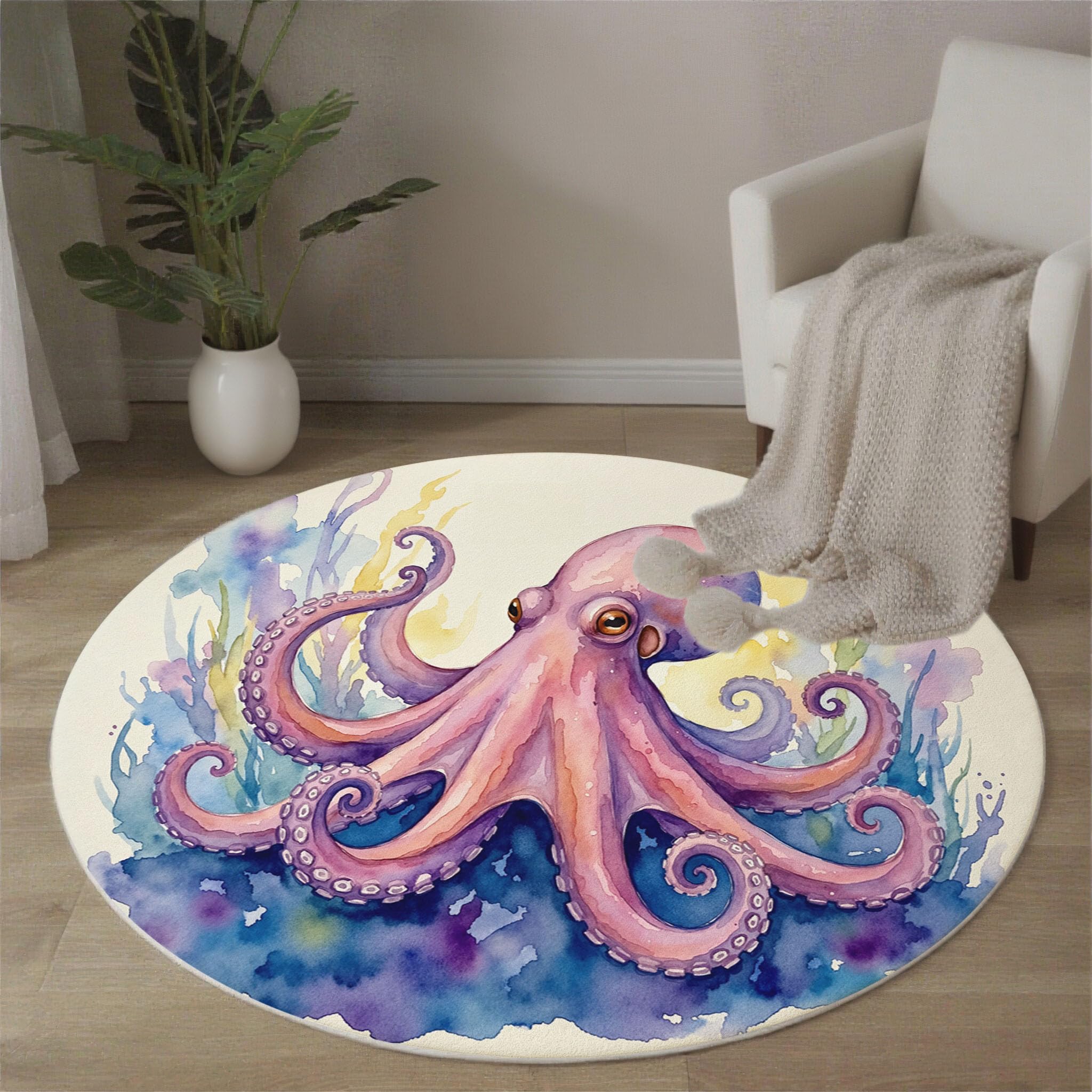 Tapis Rond 160cm Poulpe Algues pour Chambre, Océan Aquarelle Animal Rond Tapis Antidérapant Lavable en Machine Cuisine Salon Adulte Interieur Bureau Cuisine Decoration