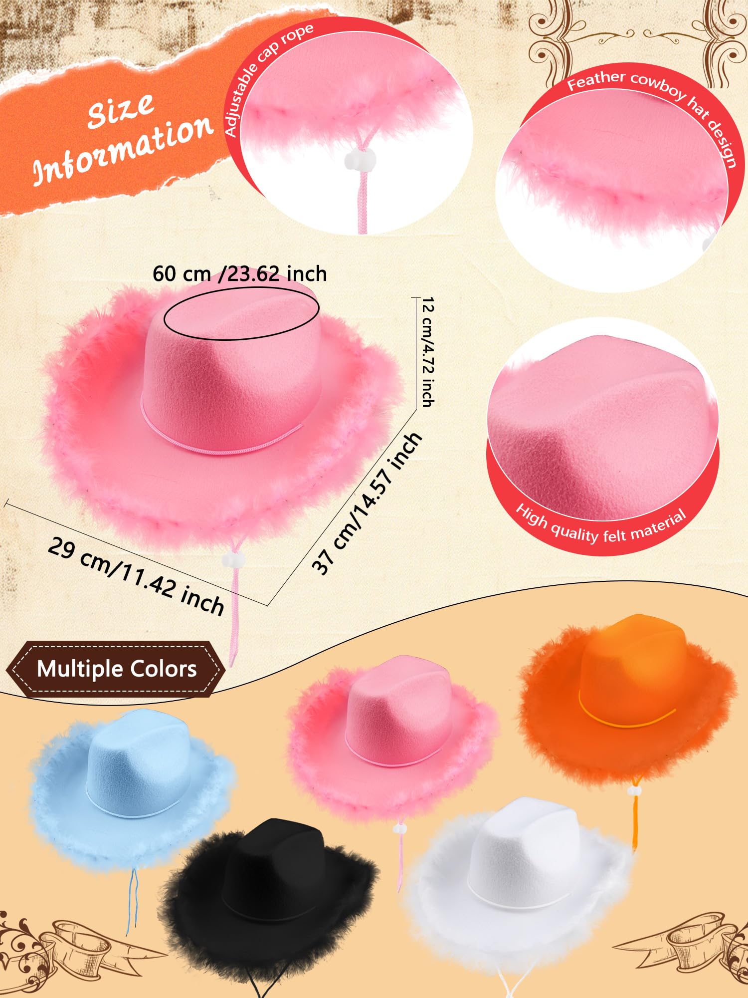 Rcanedny 4 Pack Cowboy Hat Western Women Cowboy Hat with Feathers Pink Feather Cowgirl Hat with Adjustable Neck Draw String for Adult Birthday Gifts Halloween Party Costume (color set 2)