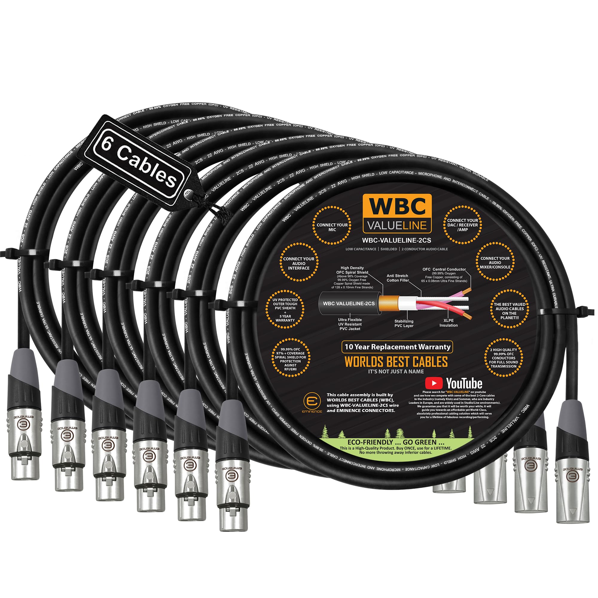 WBC-VALUELINE-2CS (22 AWG) - 6 Units - 2 Foot–Low-Capacitance Shielded Balanced Flexible Microphone, Active-Speaker & Interconnect Cables with