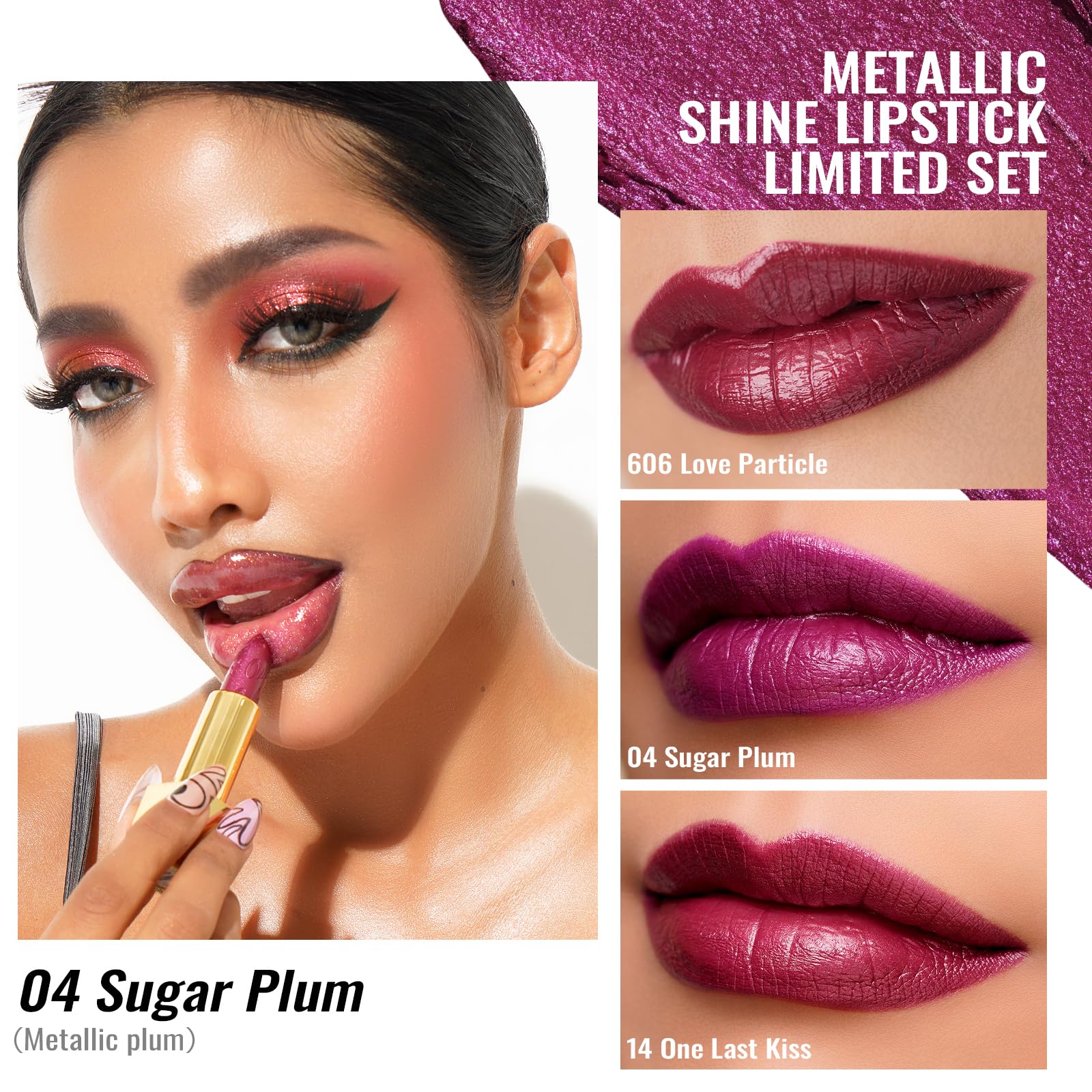 Oulac Burgundy Metallic Shine Lipstick Set, Lip Set for Women Red Lip Color Kit, Creamy Formula, Full Coverage - Image 2