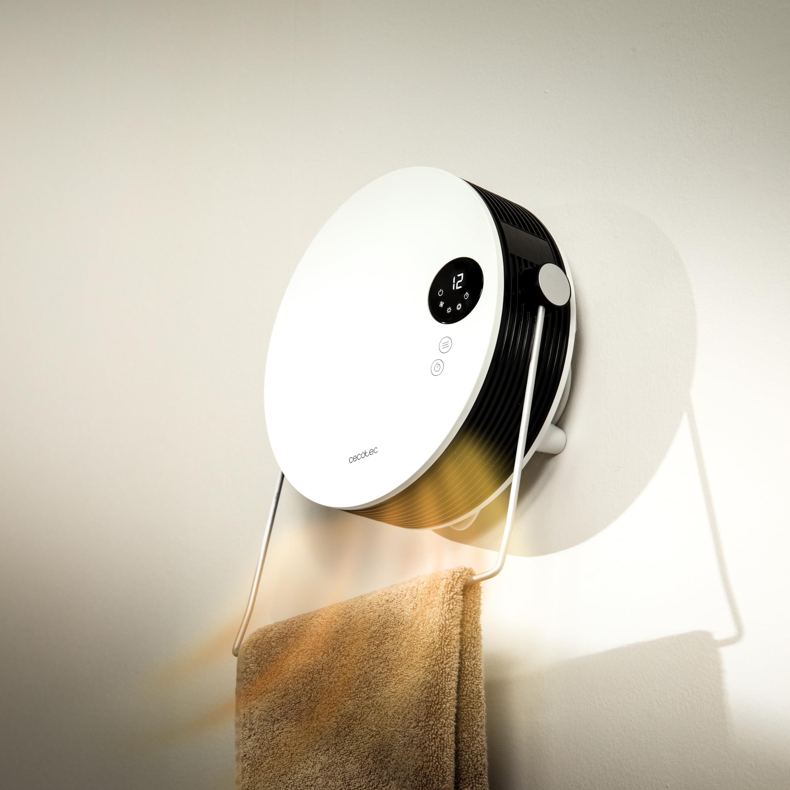 Cecotec Porte-serviettes Chauffant Céramique Mural ReadyWarm 2000 Round. 2000W, 2 Niveaux, LED, Touch Control, Télécommande, Minuterie, IP22, Design Élégant, Sécurité, Idéal Salles de Bain