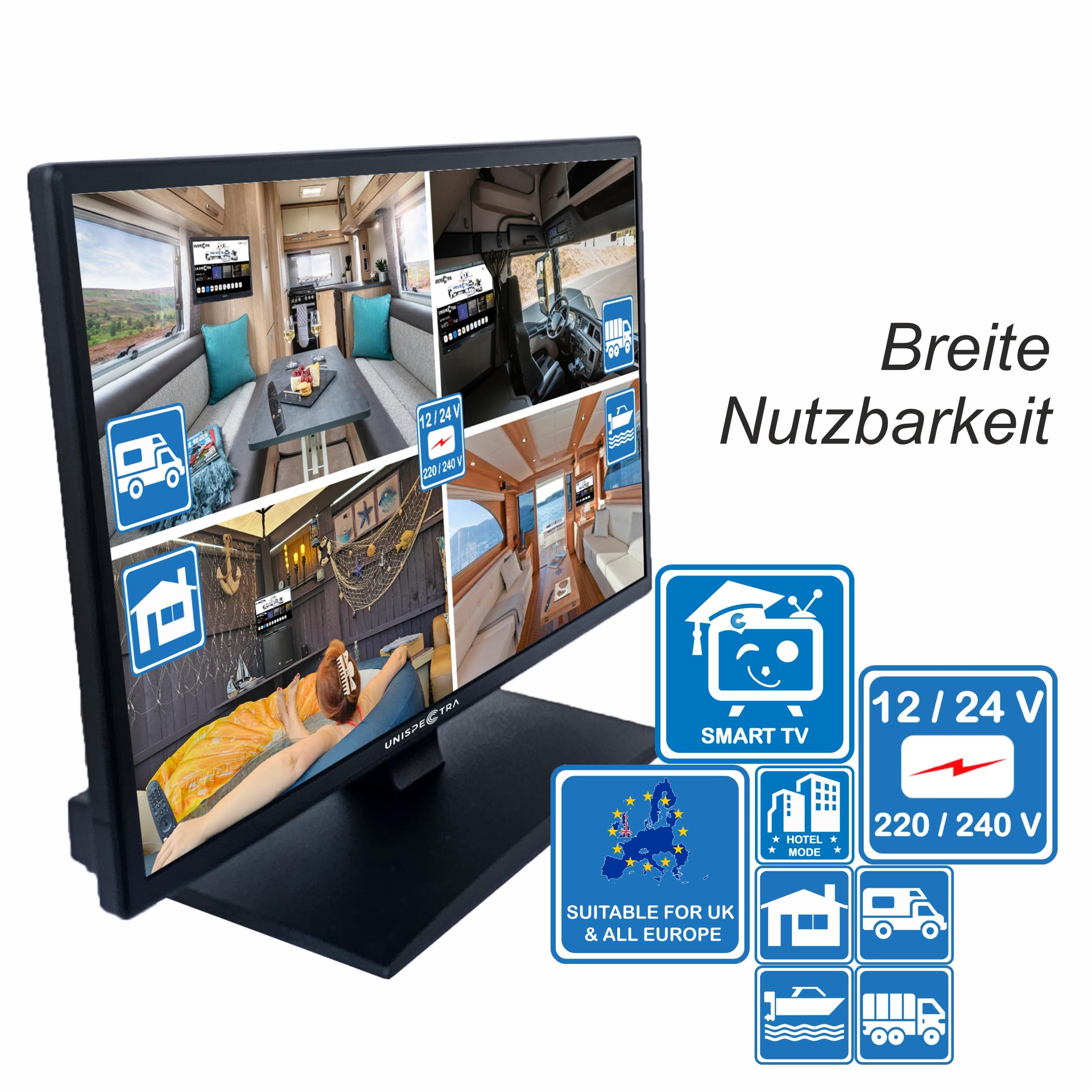 Unispectra ® 22“ Smart TV (webOS) mit Magic-Fernbedienung Full HD 230V 24V Triple Tuner: Satellit, Antenne, Kabel TV. 12V Fernseher für Wohnmobile, Wohnwagen, LKWs, Boote
