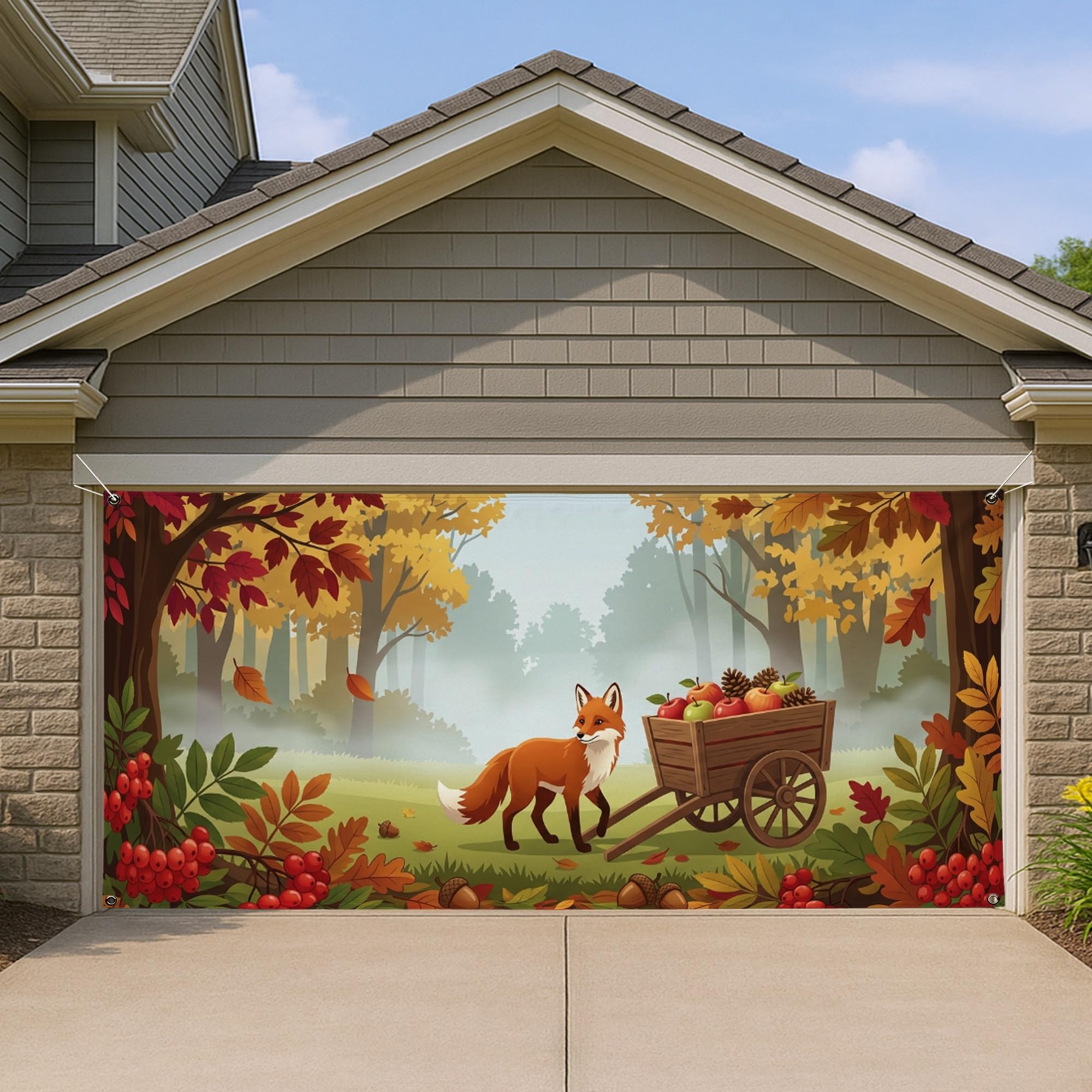Housse de porte de garage motif scène boisée rustique et renard d'automne de saison