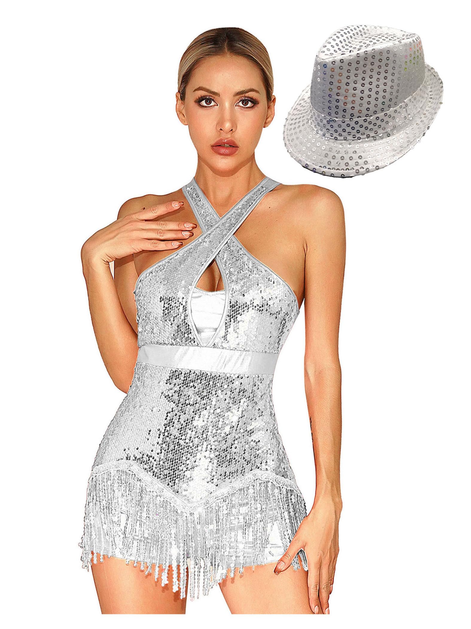 Abito da Latino Americano con Decorazioni Art Deco - Vestito Ballerina Senza Maniche a Paillettes Abito per Salsa Tango e Festa in Stile Vintage Anni 20