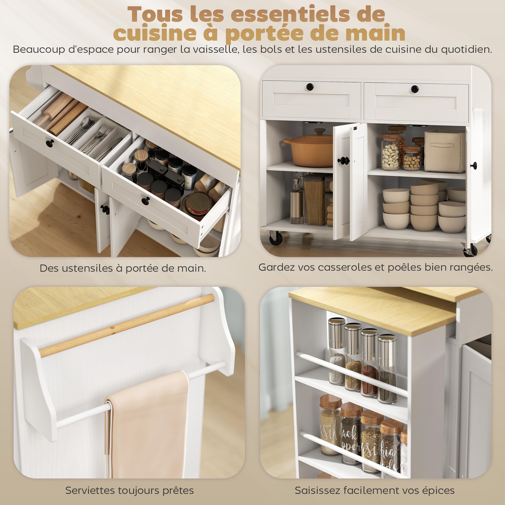 HOMCOM Îlot Central Cuisine avec Plateau Extensible, Desserte de Cuisine sur roulettes avec 2 Tiroirs, 4 Portes, Porte-Serviettes et Porte-Épices, Style Rustique,127,2-189,2 x 50 x 87,8 cm, Blanc