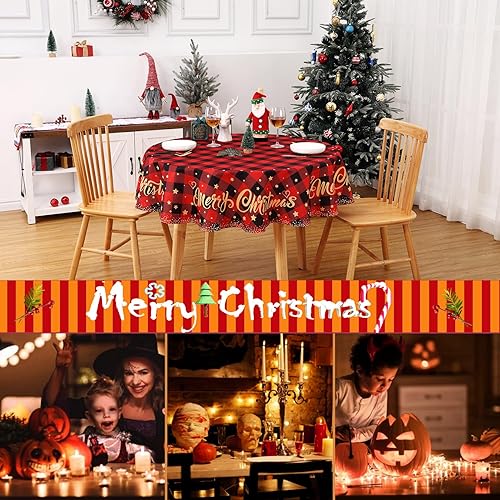 Miniatura 7 de ROYGROW Mantel de Navidad clásico a cuadros rojos y negros estampado dorado de Feliz Navidad, impermeable y resistente a las manchas, redondo de 60