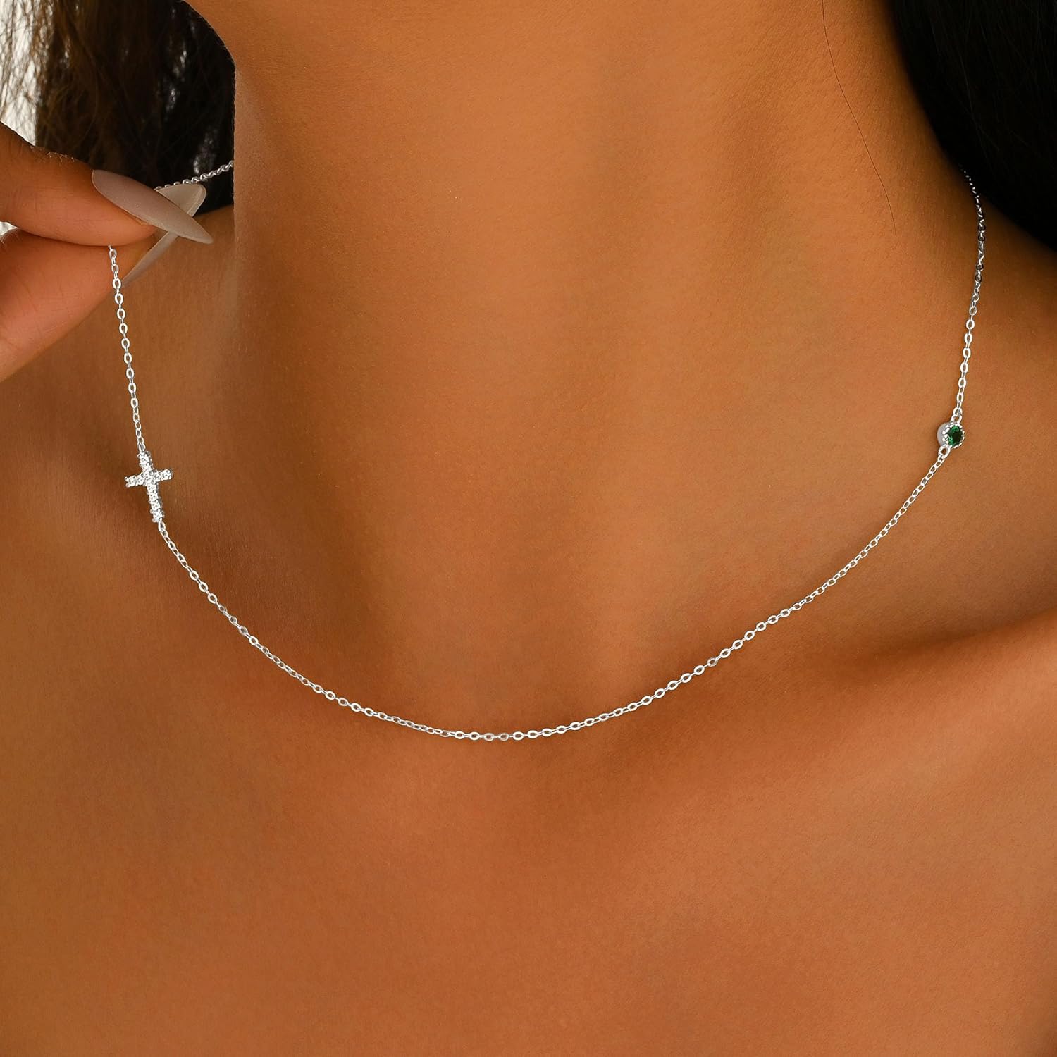 925 Sterling Silver Sideway Cross Necklace for Women Dainty 14k Gold Plated CZ Cross Emerald Birthstone Necklace for Mom Horizontal Crucifix Faith Choker Charm Chain Valentine's Day Jewelry Gifts - Image 5